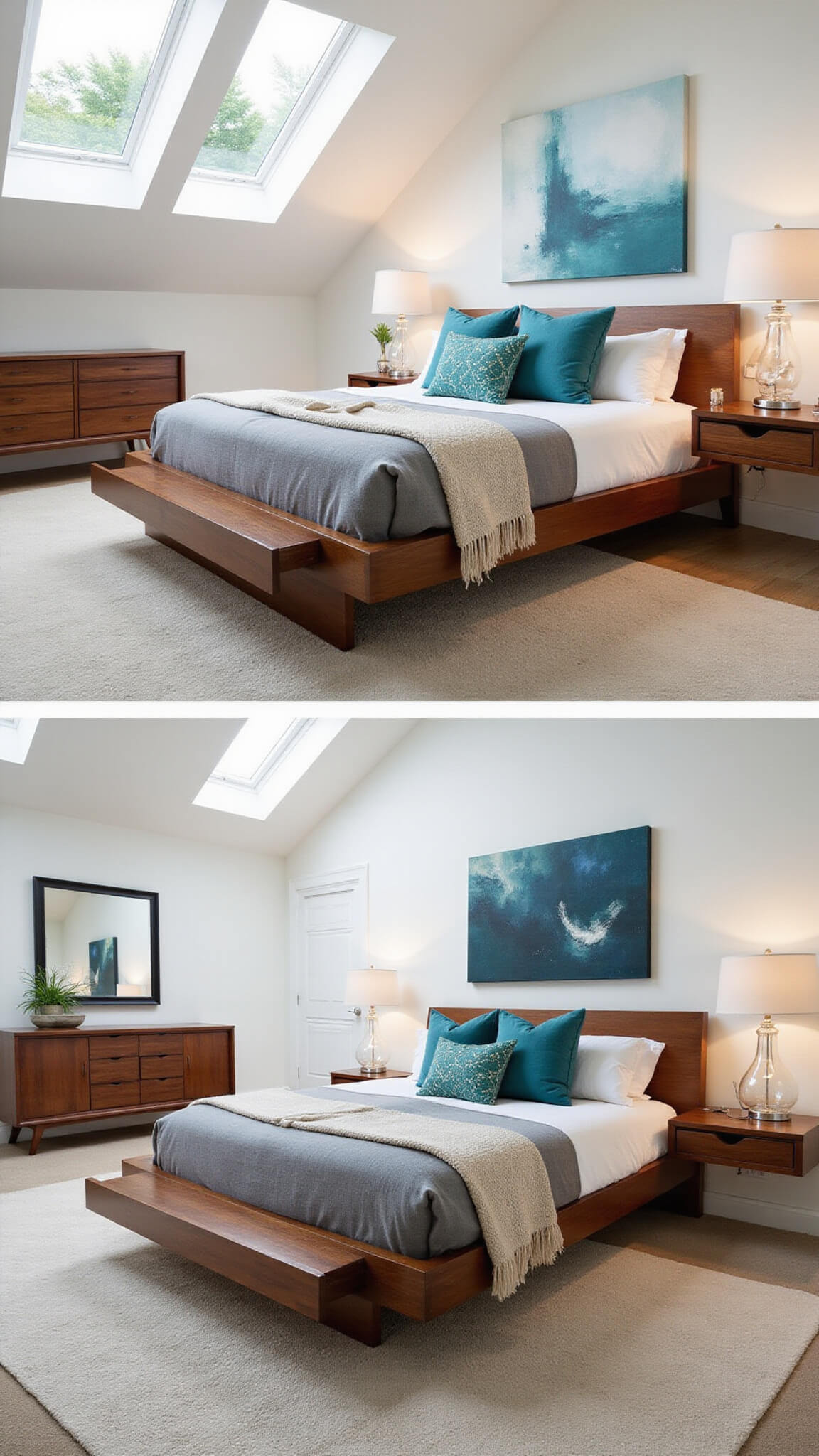 Mid-century modern master bedroom with walnut and leather king bed, floating nightstands, skylights, and warm wood and teal accents.
