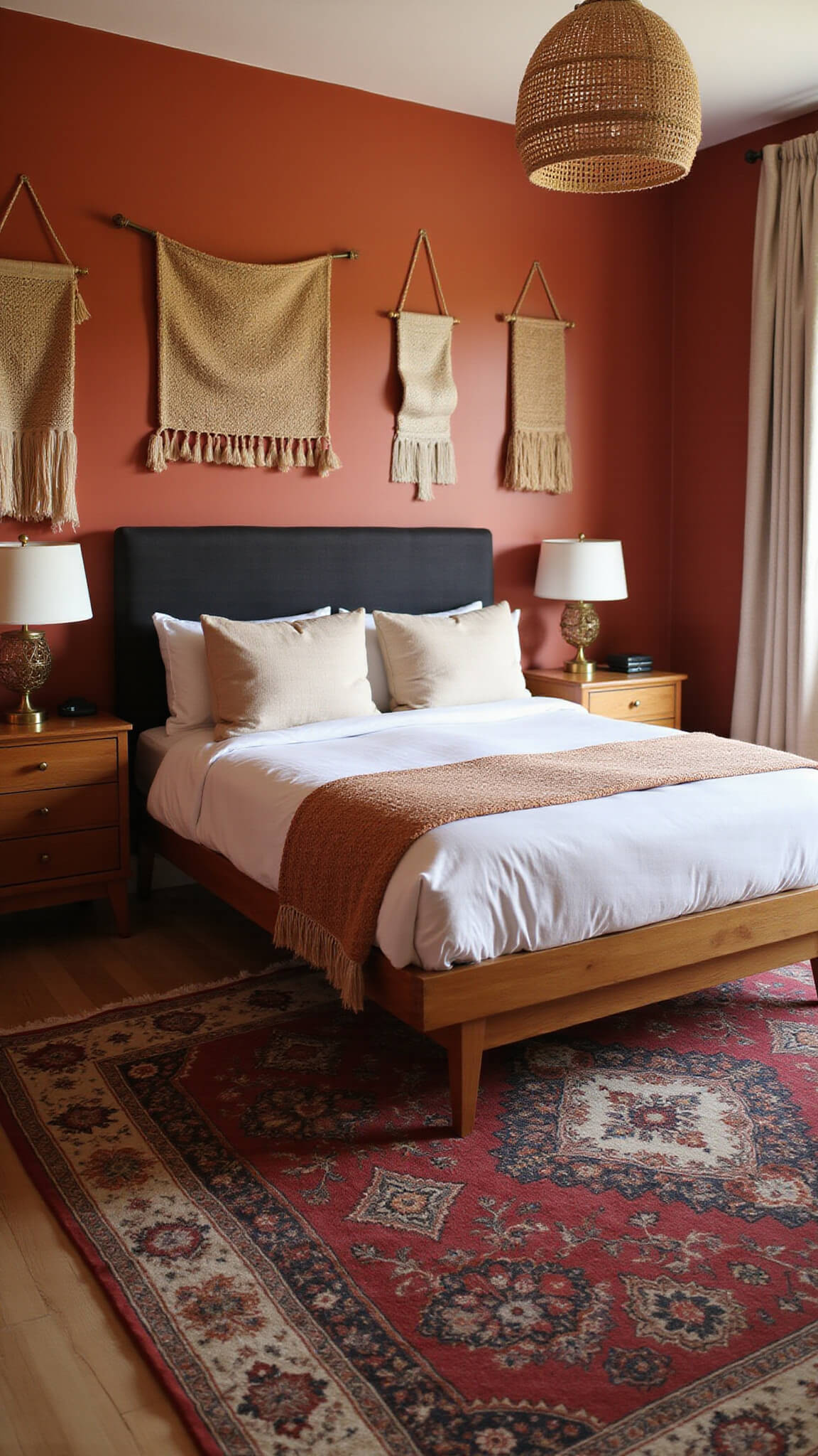 Close-up of a mid-century modern king bed with ash frame and dark upholstered headboard in a terracotta-walled bedroom, featuring woven decor, Moroccan rug, and brass lighting.
