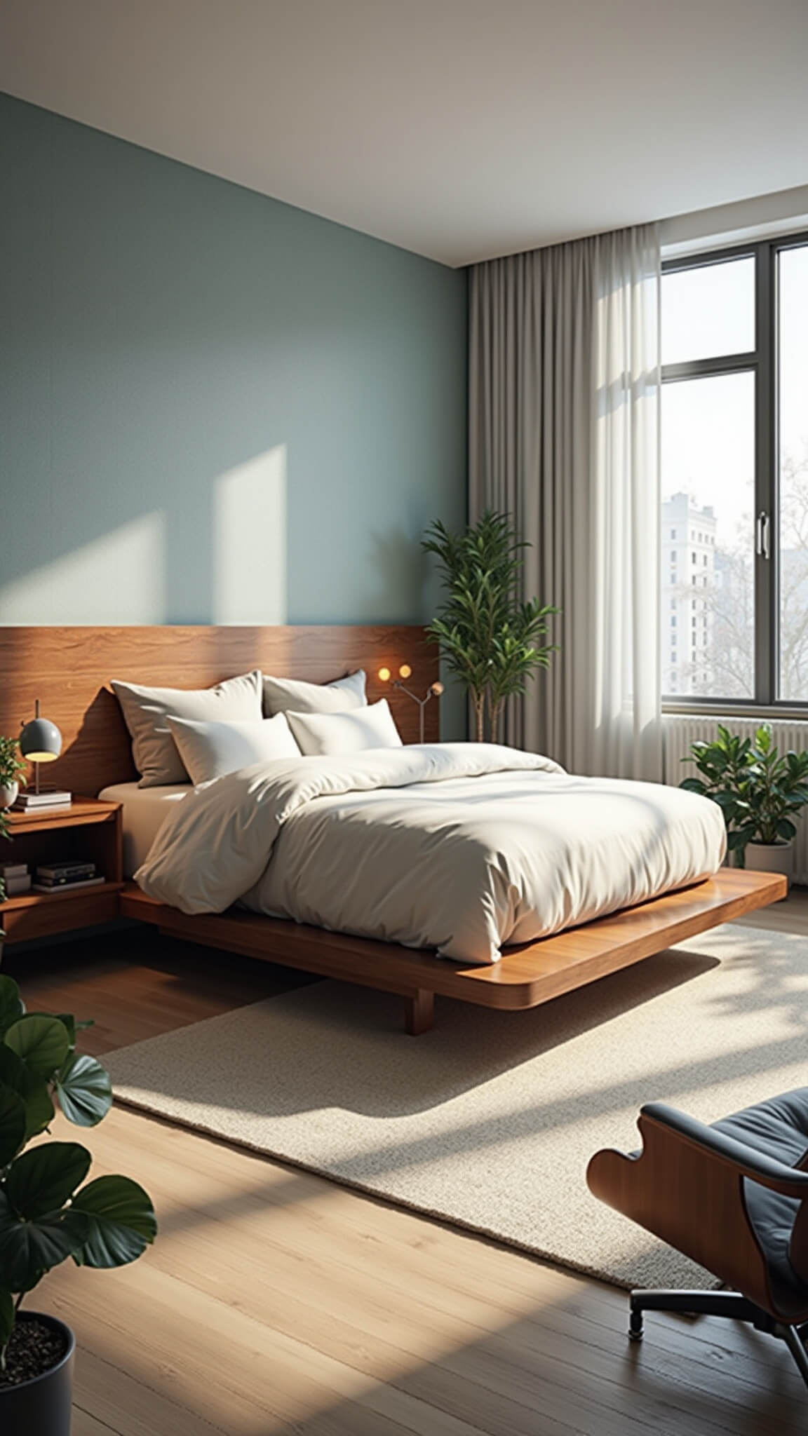 Mid-century modern bedroom with mahogany platform king bed, floating bedside tables, pale blue grasscloth walls, Eames lounge chair, modern rug, and lush plants in soft afternoon light.