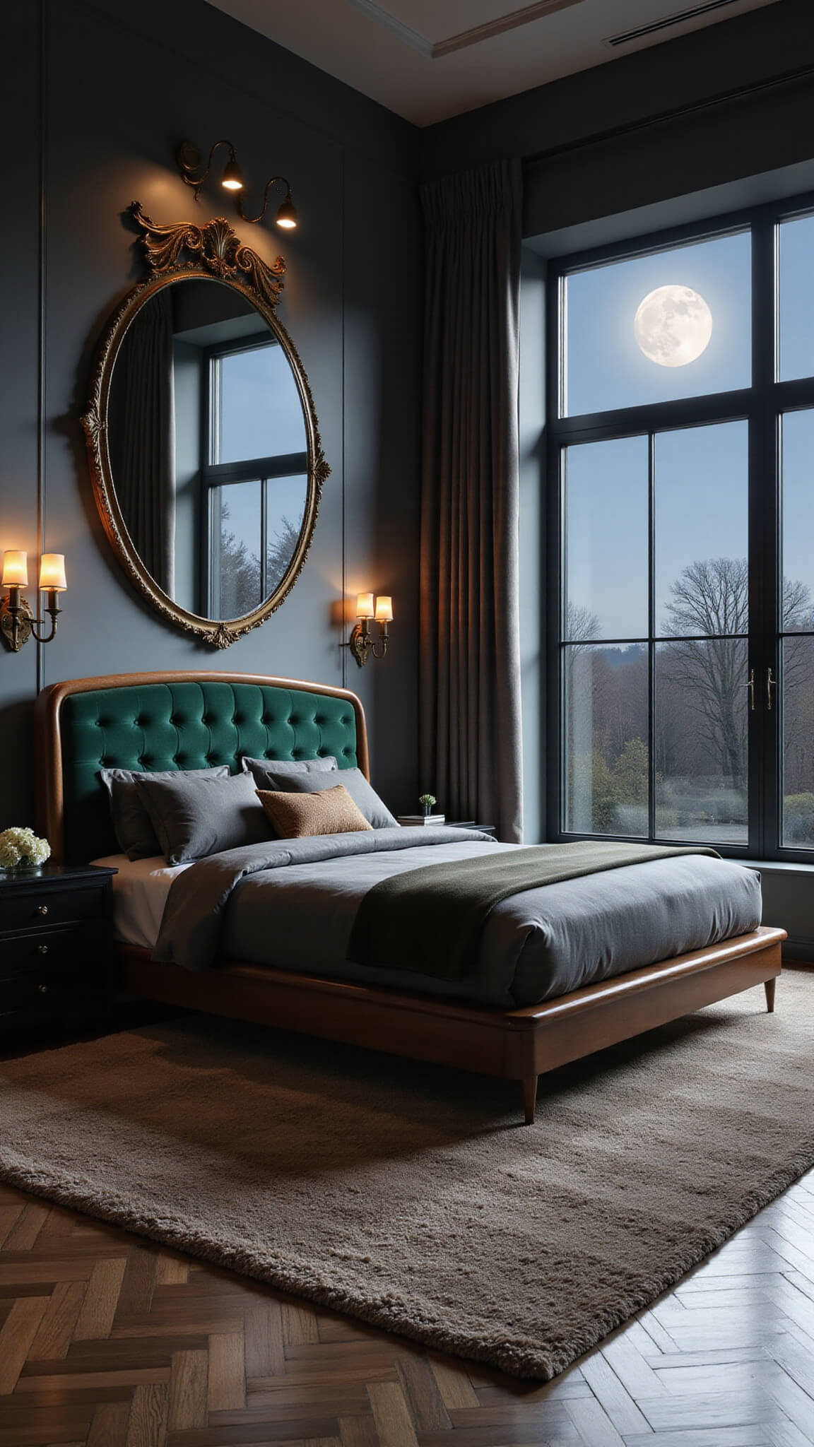 Moody charcoal grey bedroom with mid-century modern emerald velvet king bed, moonlight through large windows, black nightstands, gilded mirror, shag rug, and art deco sconces.