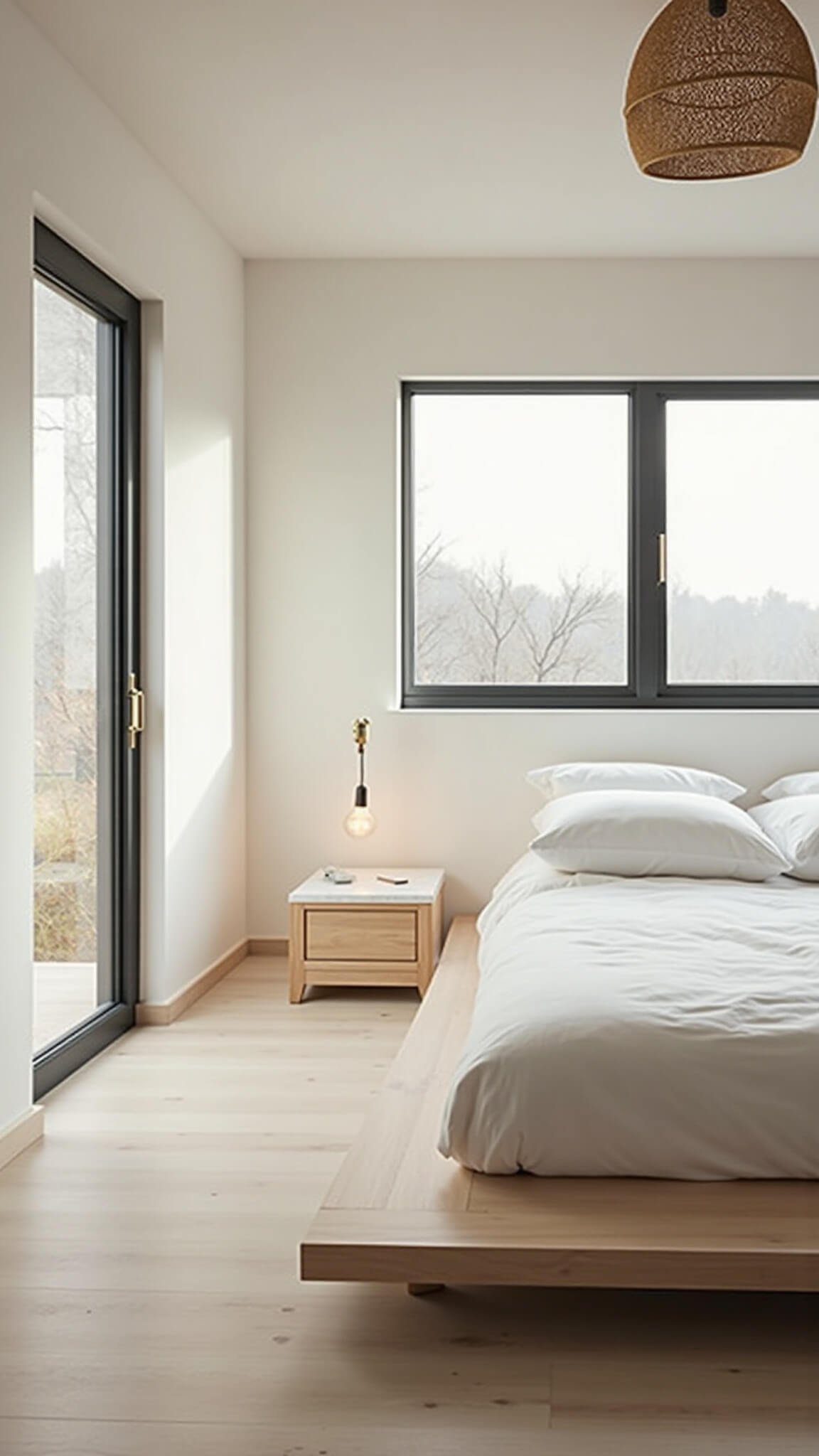 Low-angle view of a minimalist Japandi-style bedroom with light ash wood nightstands, a king-size bed with white linens, and soft natural lighting.