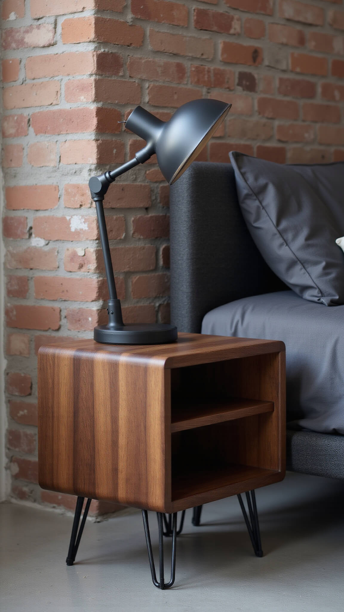 Japandi walnut cube nightstand with hidden storage and black hairpin legs beside a charcoal linen queen bed in a loft bedroom with exposed brick and concrete flooring.