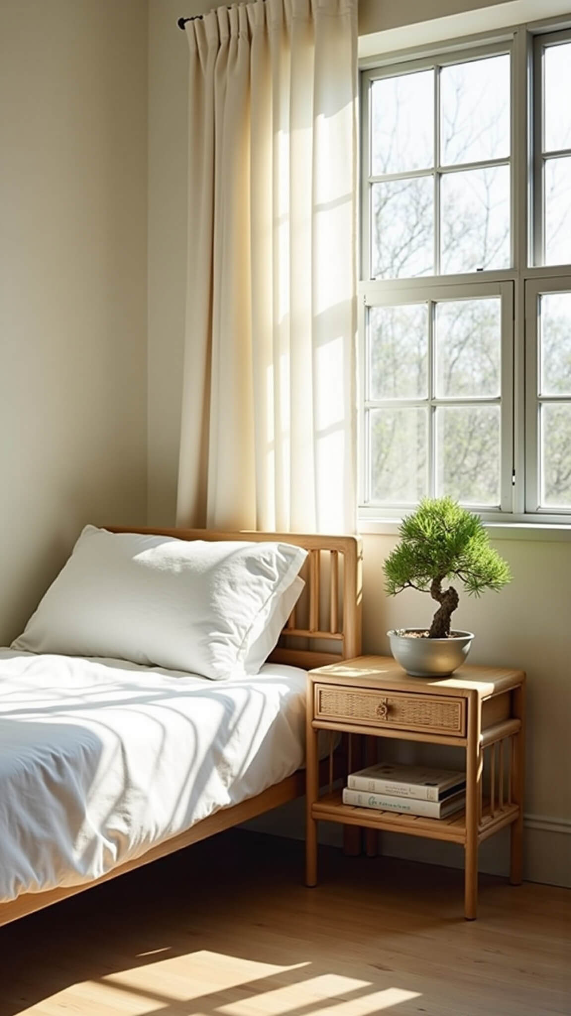 A serene guest bedroom with sunlight streaming through sheer curtains, featuring a twin bed with white linens and a pale bamboo Japandi nightstand topped with a bonsai tree.