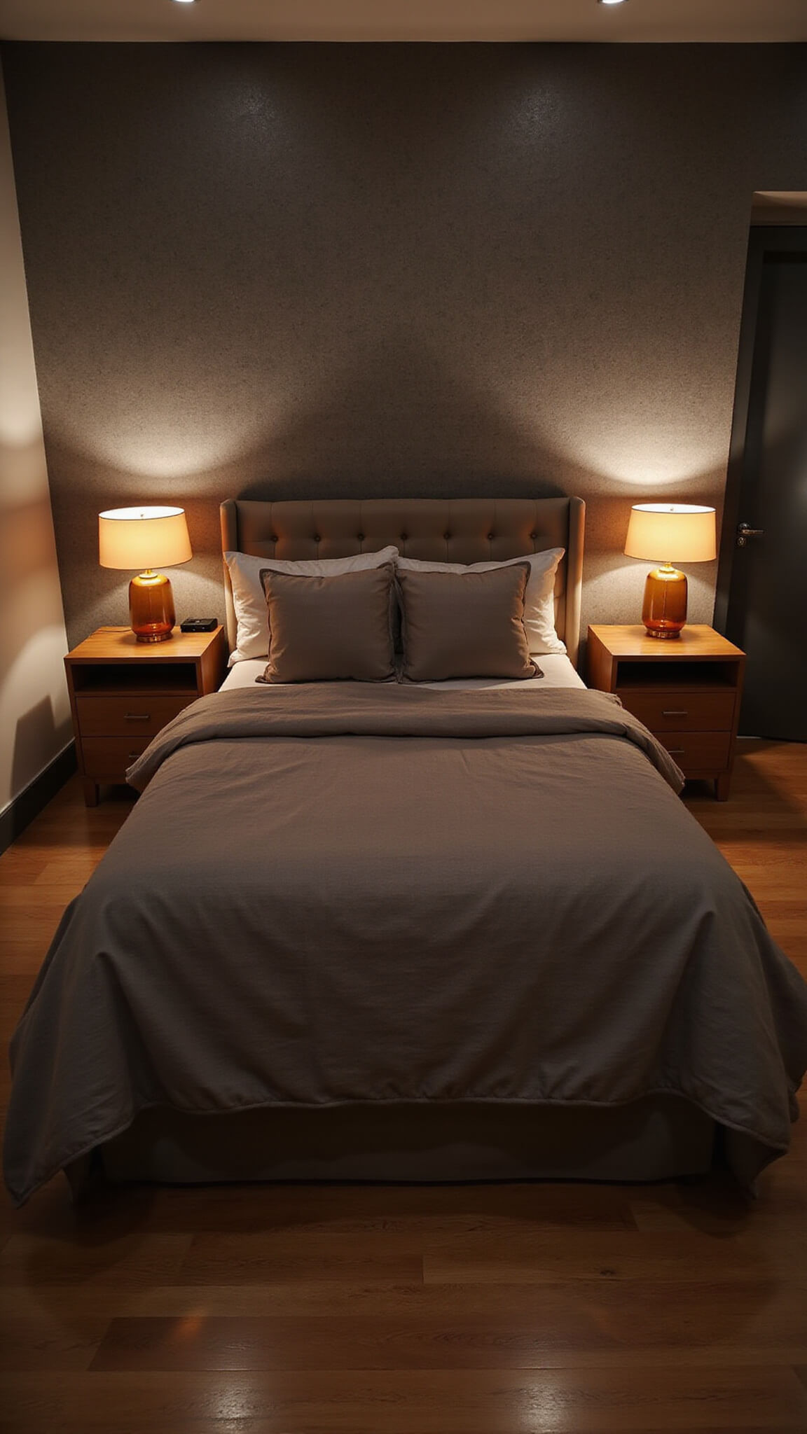 Cozy primary bedroom at dusk with a king bed, Japandi nightstands, amber lamps, and earth-toned decor.