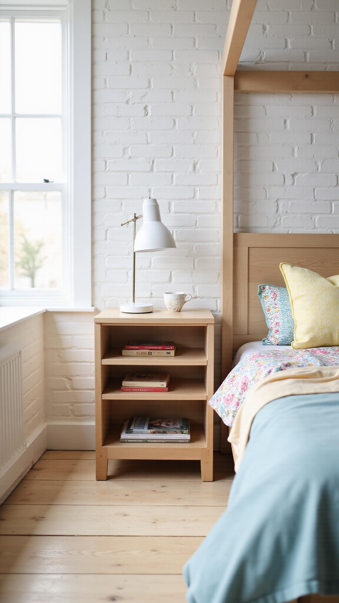 Japandi-style nightstand with open shelving and white desk lamp beside a lofted bed in a bright teen bedroom with white brick walls and pine flooring.