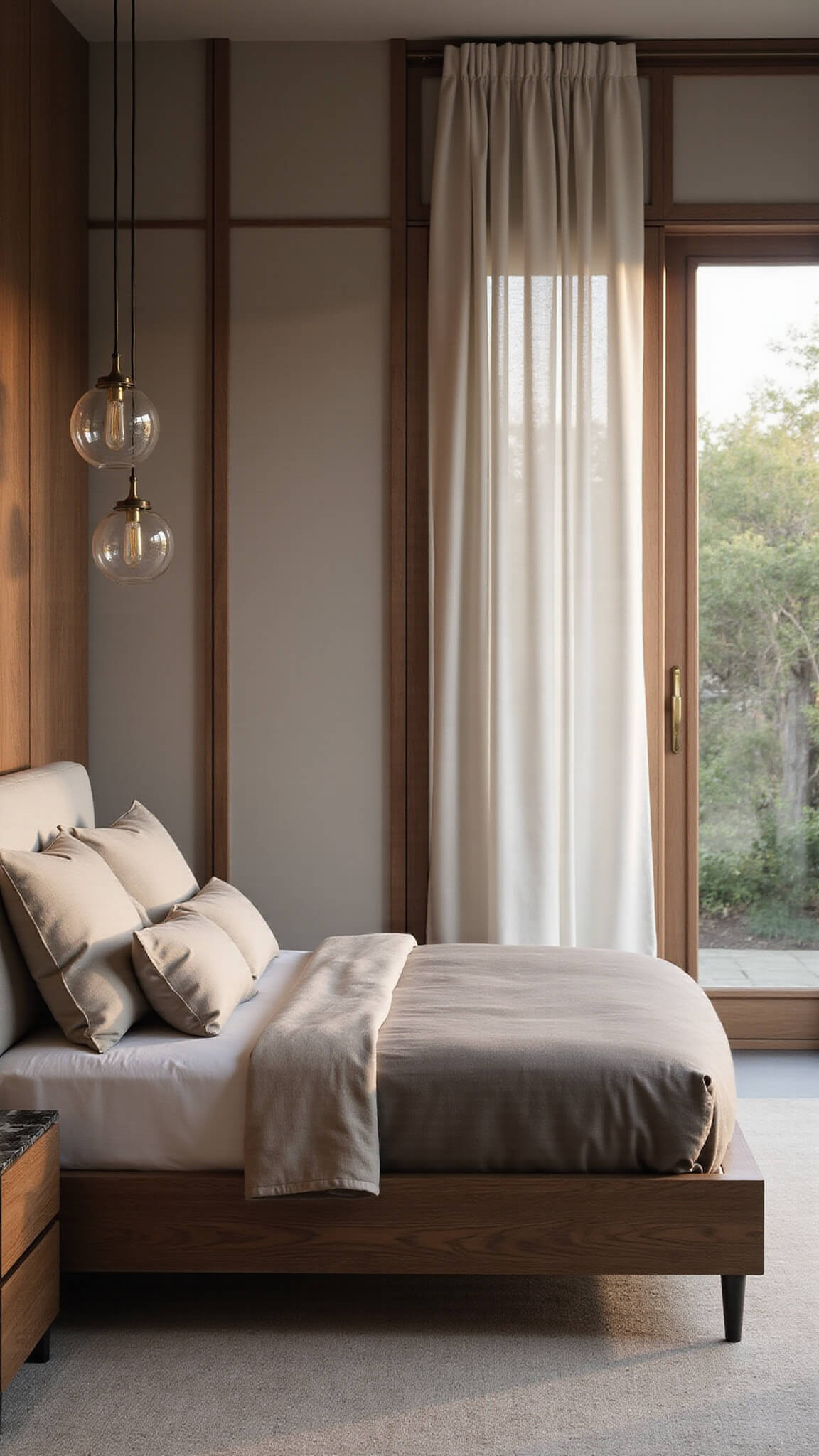 Serene primary bedroom at dawn with a king bed, symmetrical Japandi nightstands, and floor-to-ceiling windows overlooking a zen garden.
