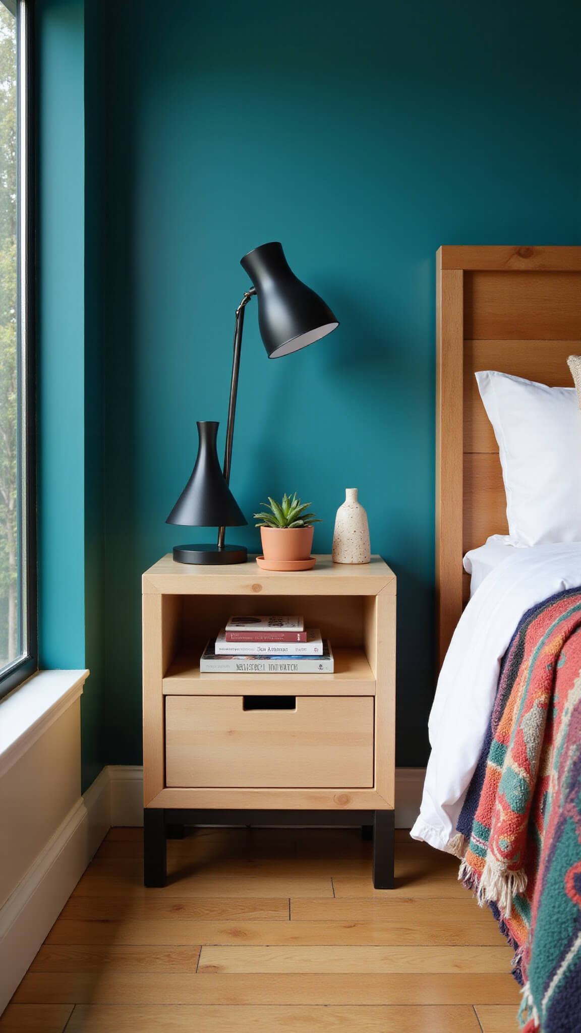 Japandi nightstand with books and succulent against bold teal wall in eclectic guest bedroom with hickory floors.