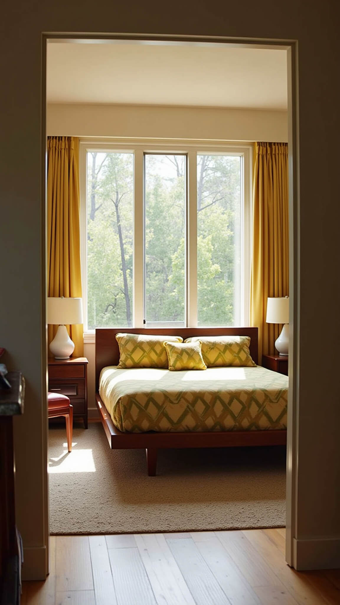 Mid-century modern bedroom with king-size bed in mustard and olive linens, walnut furniture, and warm sunlight through floor-to-ceiling windows.