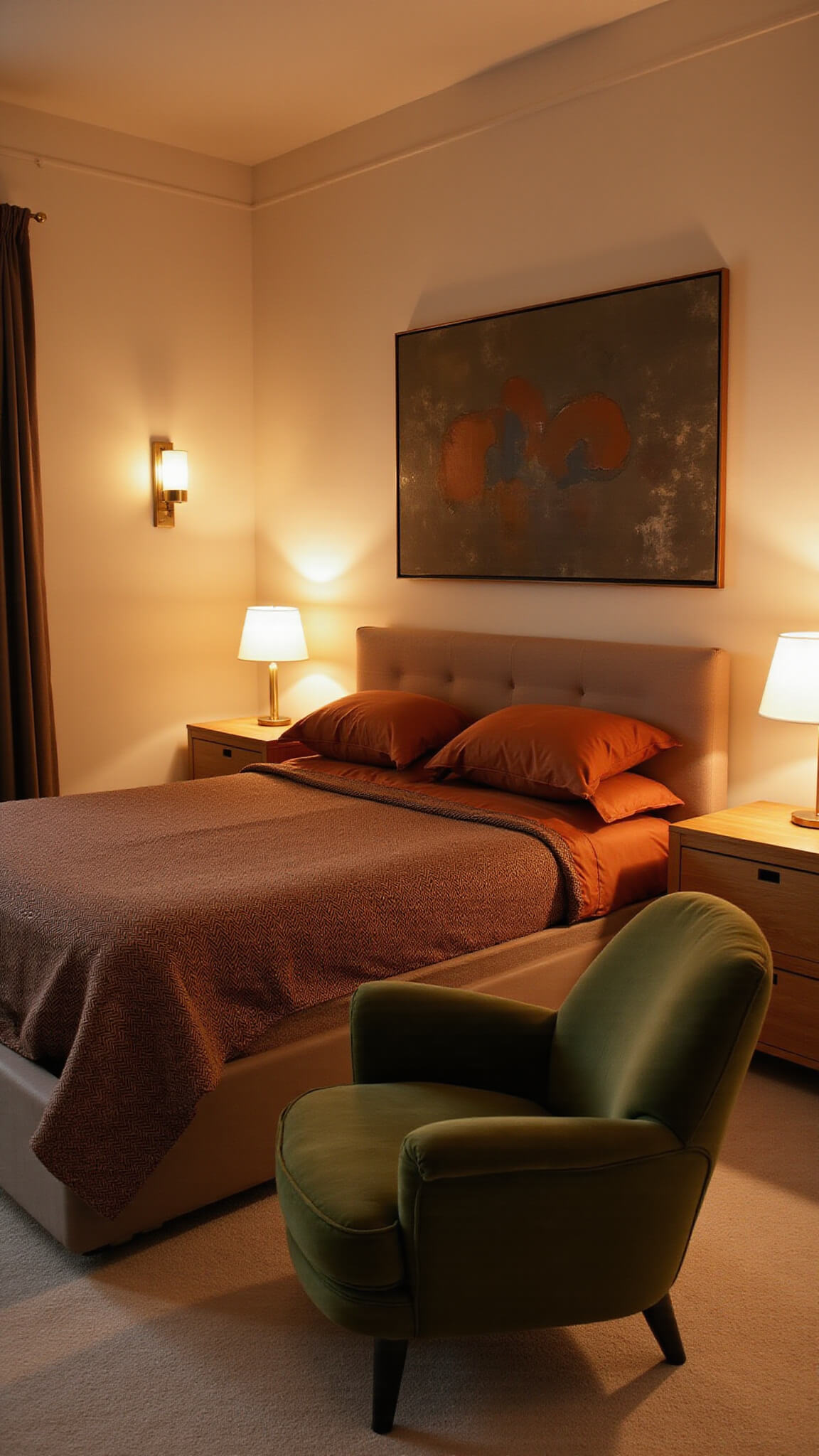 Cozy mid-century styled bedroom at dusk with warm lighting, terracotta and brown bedding, olive green velvet armchair, and abstract art above a queen bed.