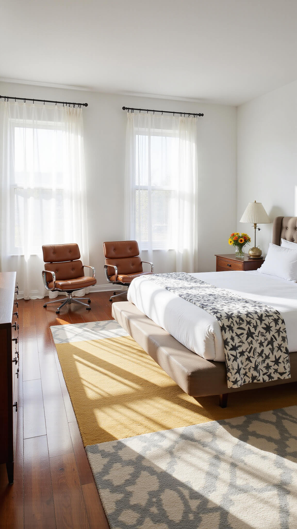 Bright master bedroom with California king bed, white linens and starburst duvet, Eames chairs, sheer curtains, hardwood floors, and walnut floating dresser in morning light.