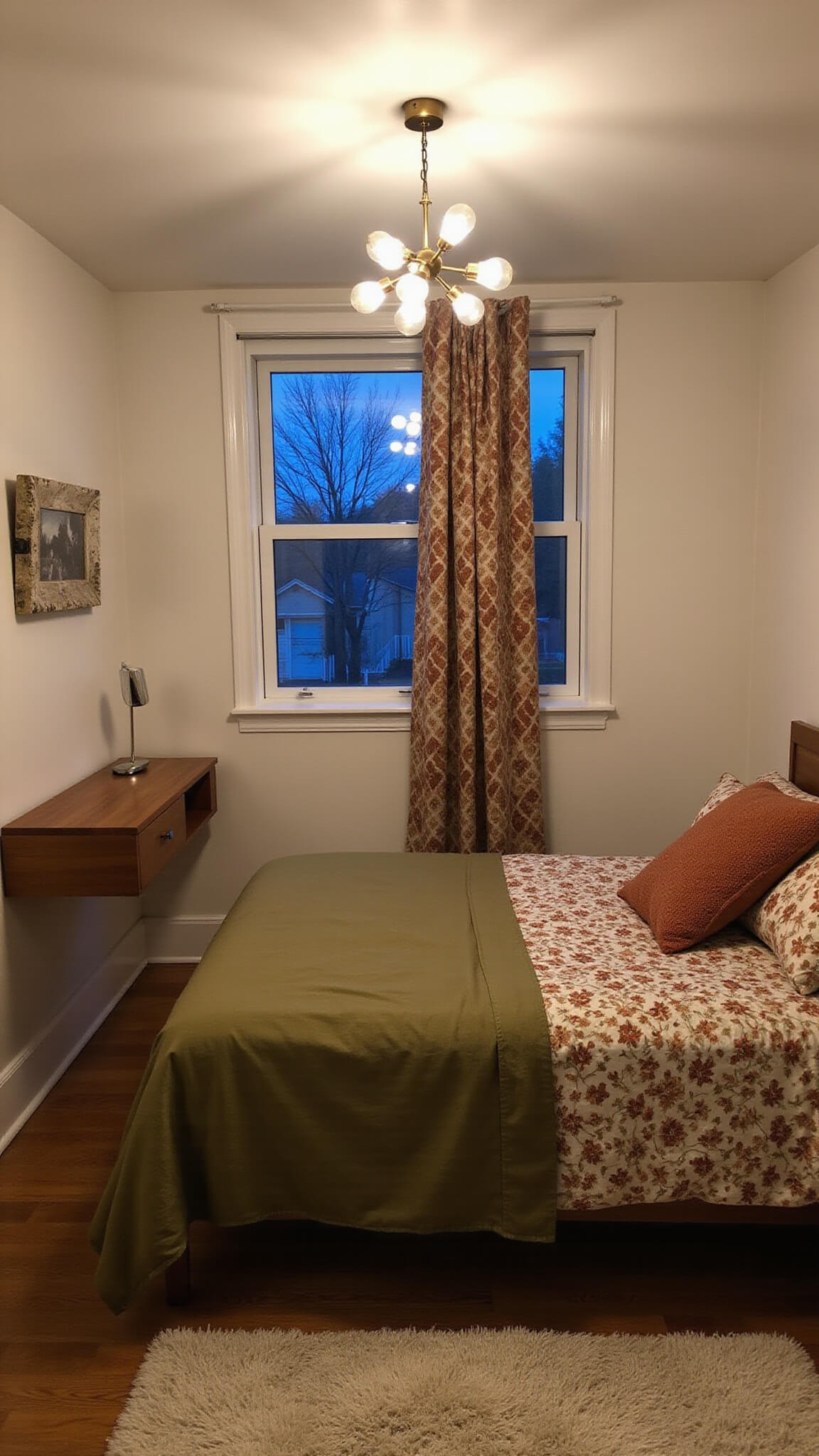 Cozy guest bedroom with olive green bedding, Sputnik chandelier, teak wall-mounted desk, and warm ambient lighting at twilight.
