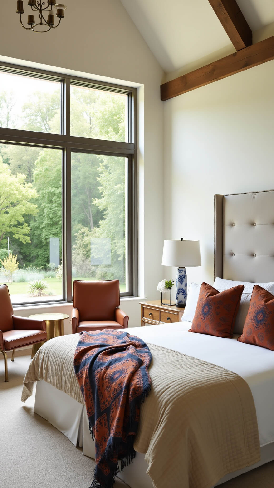 Luxurious primary bedroom with king bed, layered bedding, Barcelona chairs, brass coffee table, and wall of windows overlooking garden.