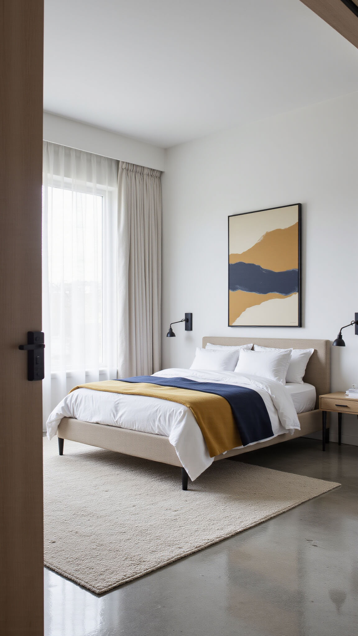 Minimalist 12x14 ft bedroom at dawn with a low platform bed, color-blocked duvet, sheer curtains, abstract wall art, and soft morning light.