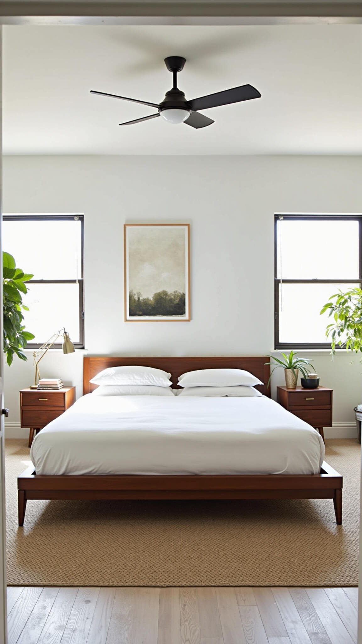 Mid-century modern master bedroom with floor-to-ceiling windows, walnut bed, brass-accented nightstands, and soft natural lighting.