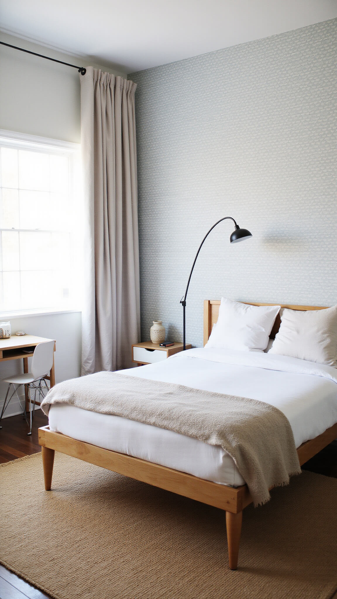 Cozy guest bedroom with mid-century modern bed, white linens, geometric wallpaper, and warm natural lighting.