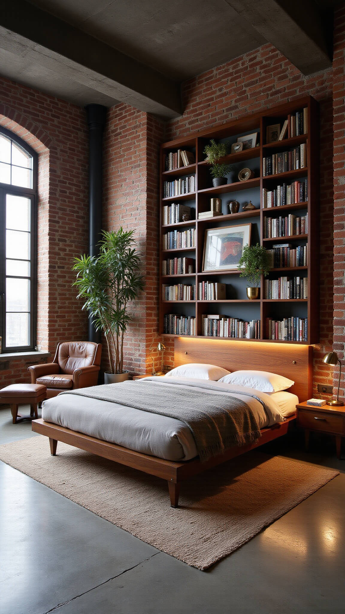Loft-style open-plan bedroom with mid-century walnut platform bed, exposed brick walls, floor-to-ceiling bookshelves, leather reading nook, potted plants, brass accents, and vintage rug on polished concrete floor.