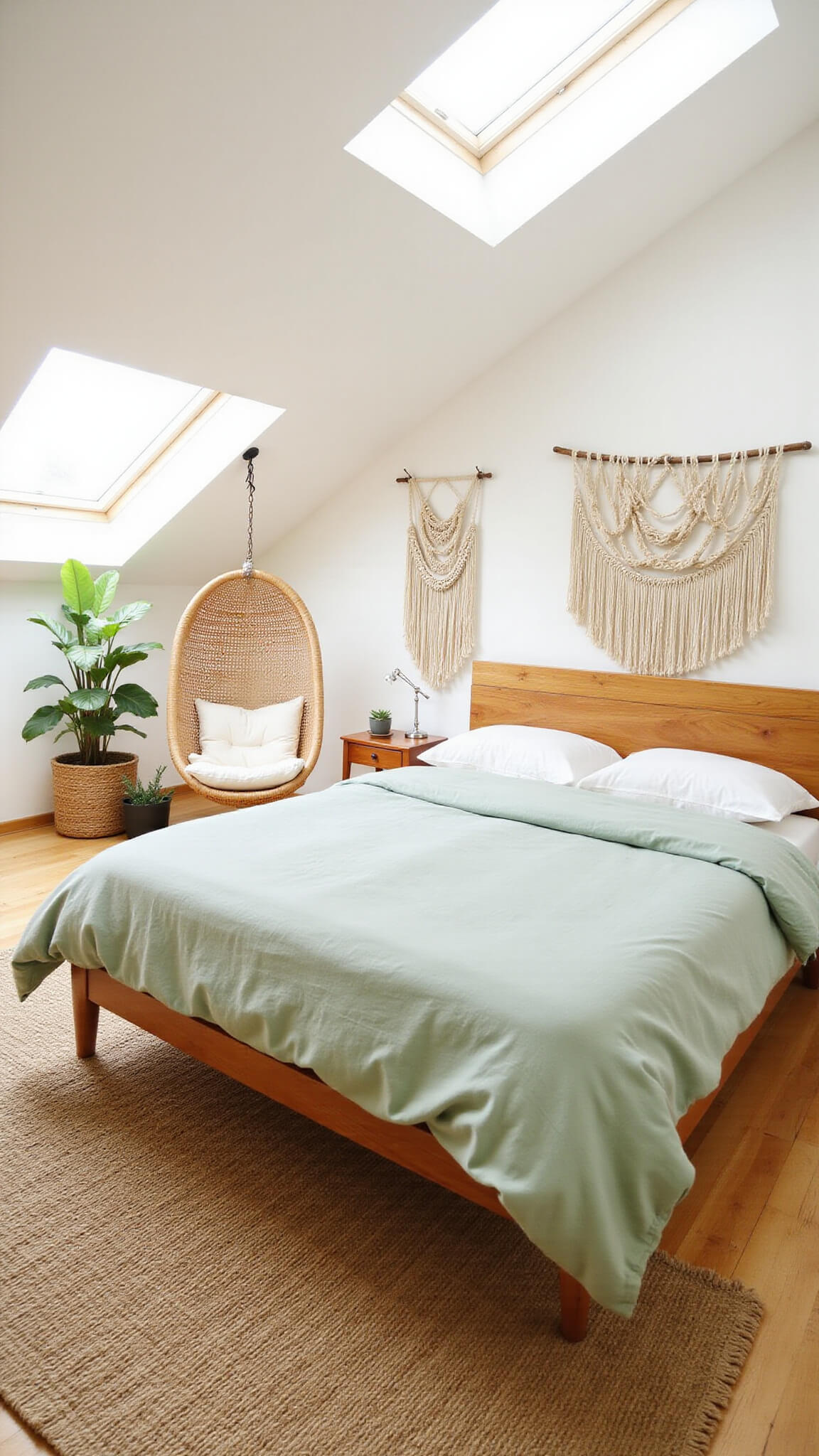 Low-angle view of a serene bedroom with vaulted ceilings, featuring a bamboo mid-century modern bed with sage green organic bedding, surrounded by eco-friendly decor like a rattan hanging chair, macramé wall hangings, potted succulents, and a natural fiber rug bathed in soft natural light.