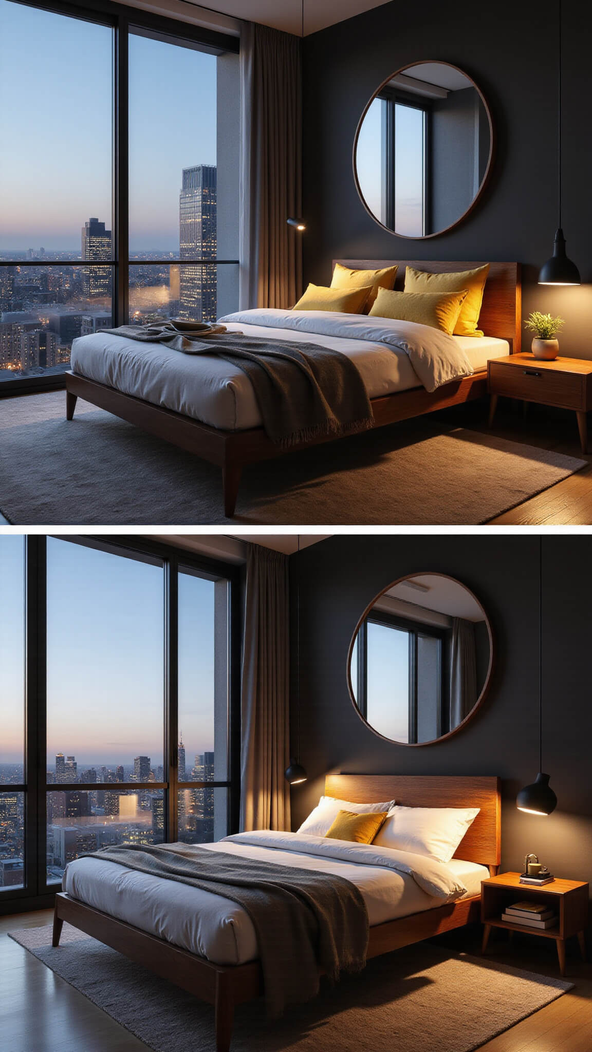 High-angle view of a compact 10x12ft urban bedroom with floor-to-ceiling windows, a dark walnut mid-century modern bed, minimalist furnishings, mustard yellow accents, and dramatic evening lighting against a cityscape backdrop.