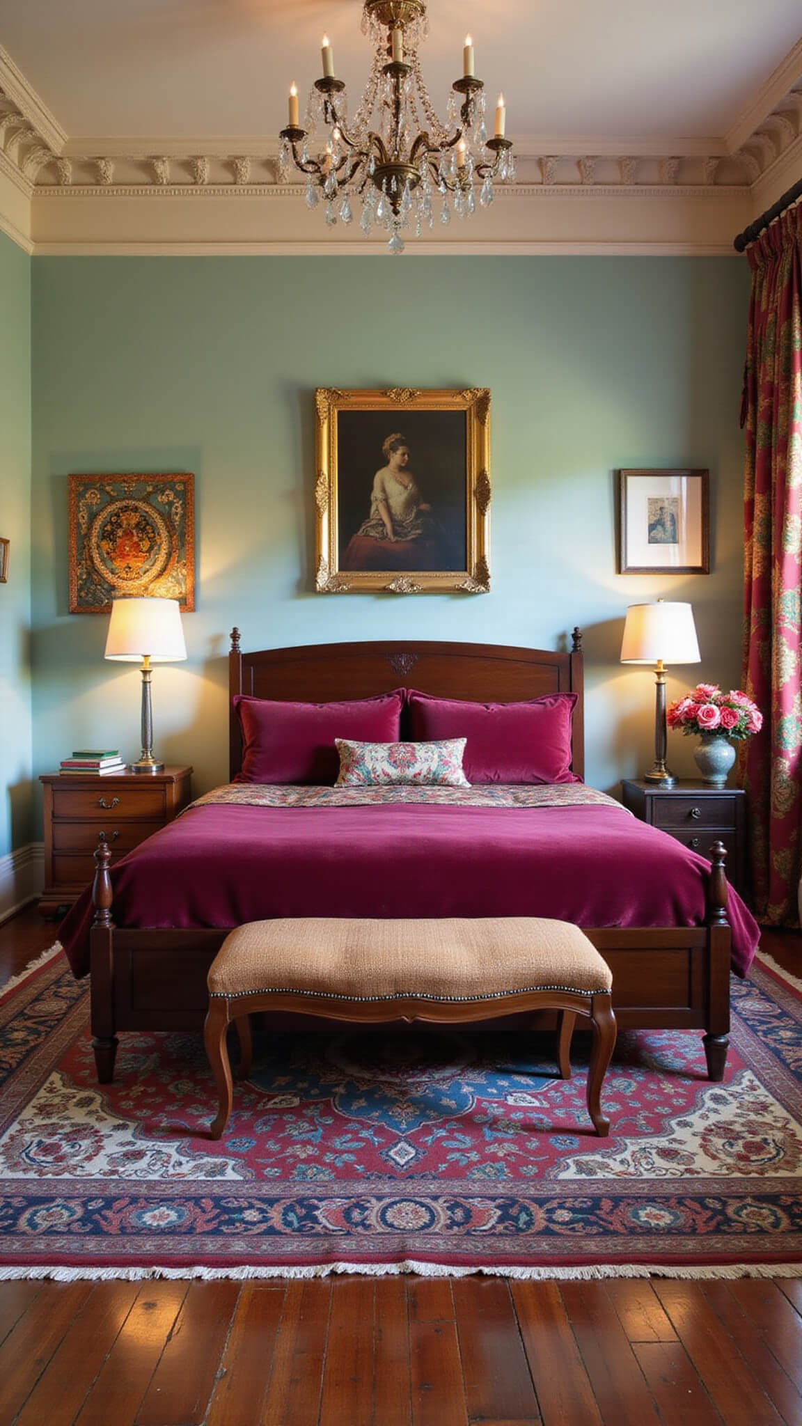 Eclectic high-ceiling bedroom with mid-century mahogany bed, jewel-toned velvet bedding, vintage nightstands, colorful rug, global textiles, and crystal chandelier in warm, cozy lighting.