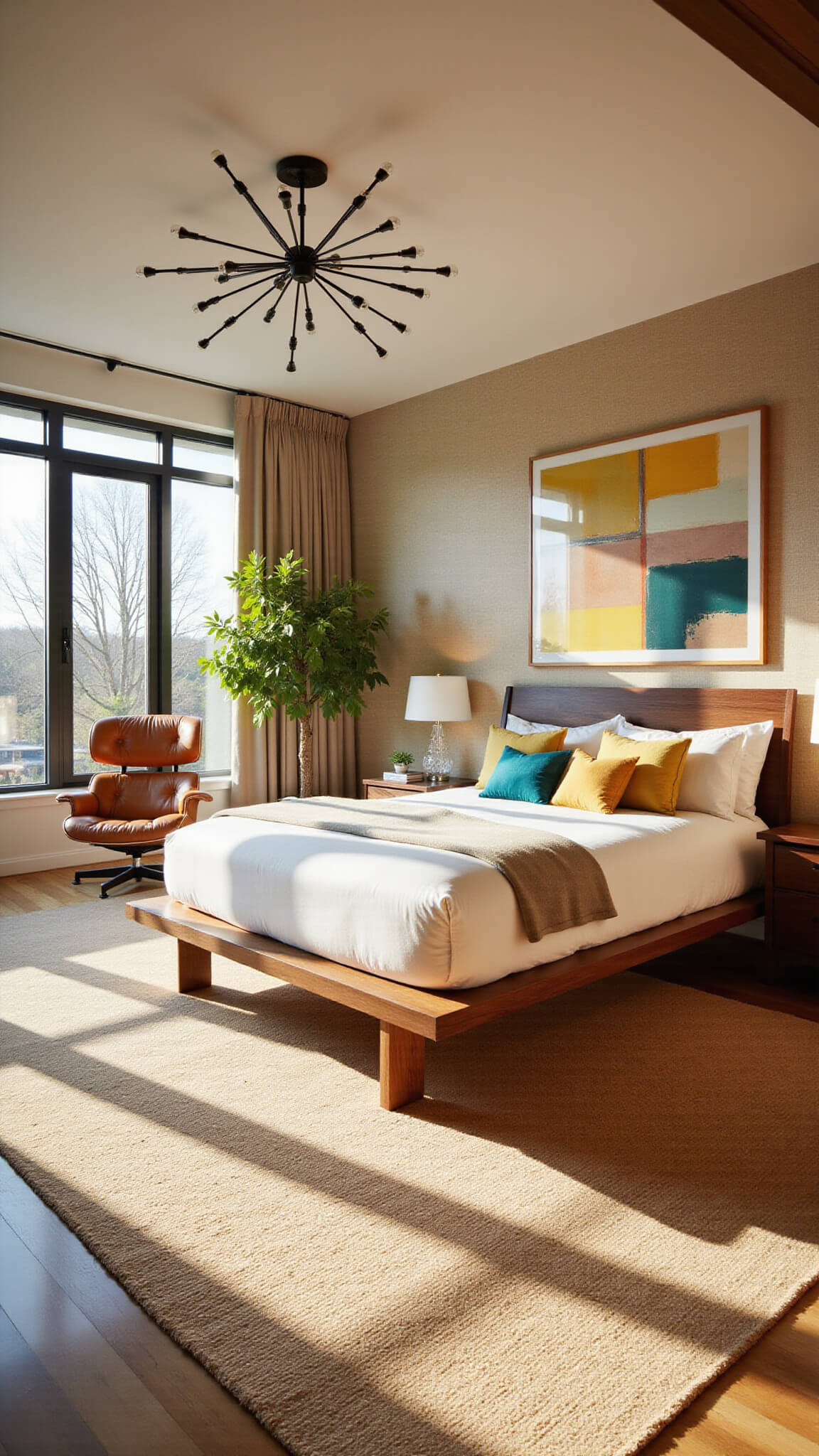 Mid-century modern bedroom with walnut platform bed, Eames lounge chair, and sputnik chandelier, bathed in warm sunlight through floor-to-ceiling windows.