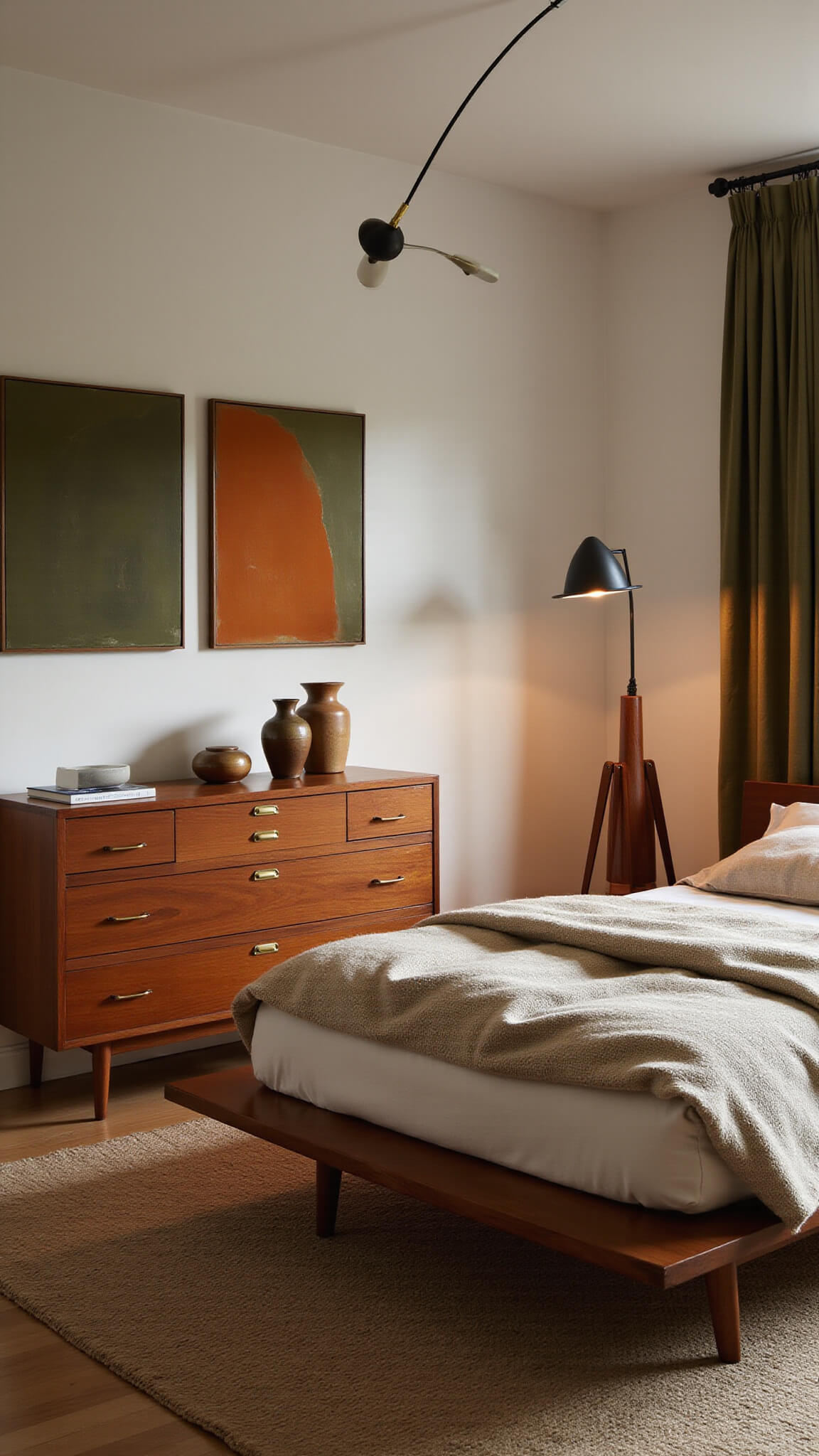 Low-angle view of a cozy mid-century bedroom with a platform bed, earth-toned linens, walnut dresser, vintage ceramics, abstract art, and an arc floor lamp at dawn.