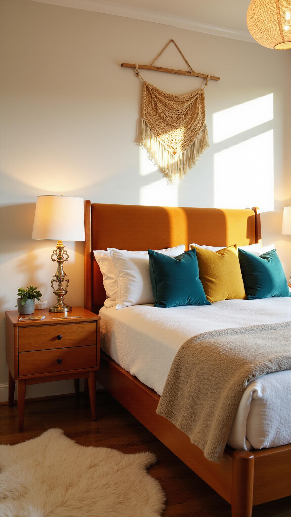 Mid-century modern bedroom with teak bed, velvet headboard, floating nightstands, Noguchi lantern, and warm-toned decor.
