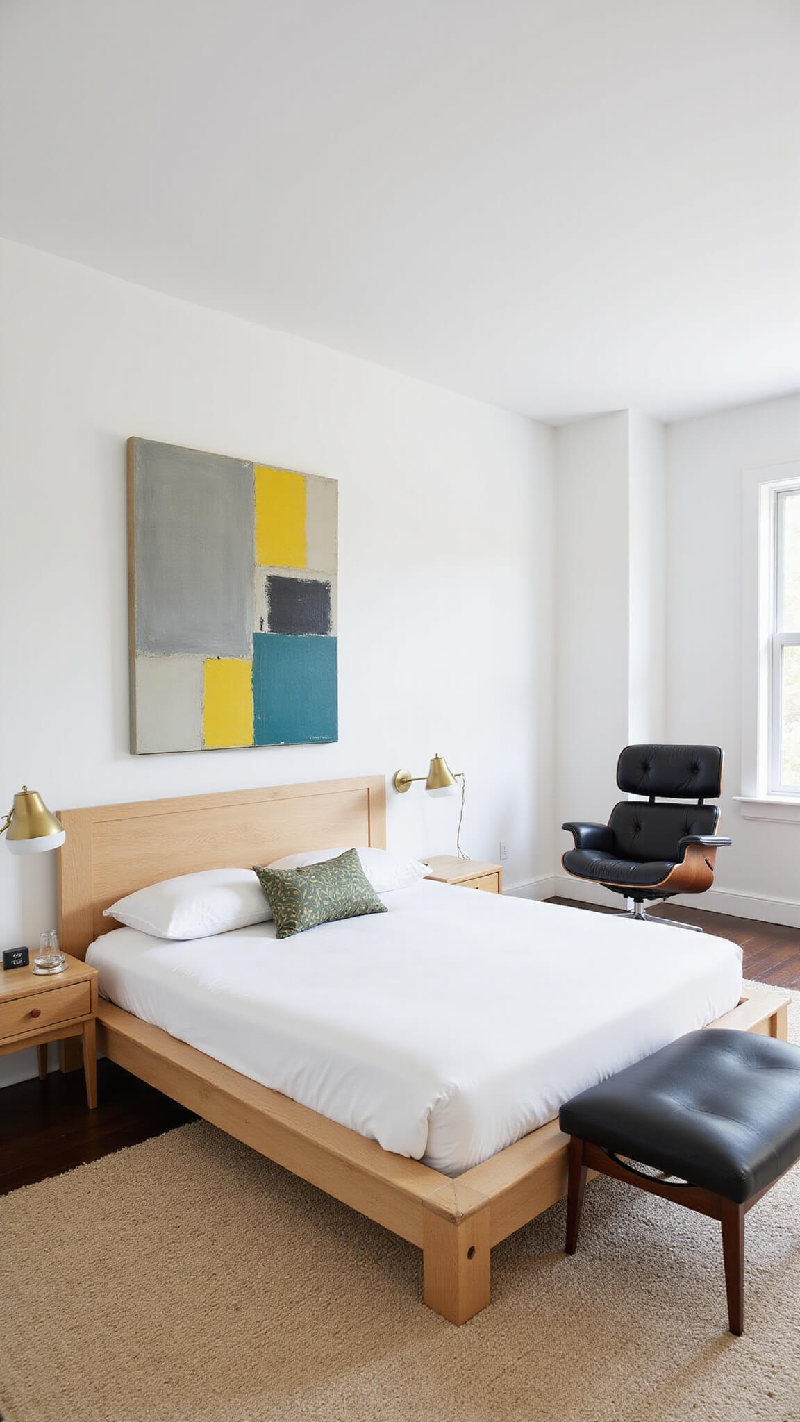 Mid-century bedroom with platform bed, black leather lounge chair, abstract art, and brass pendant lights, viewed from above.
