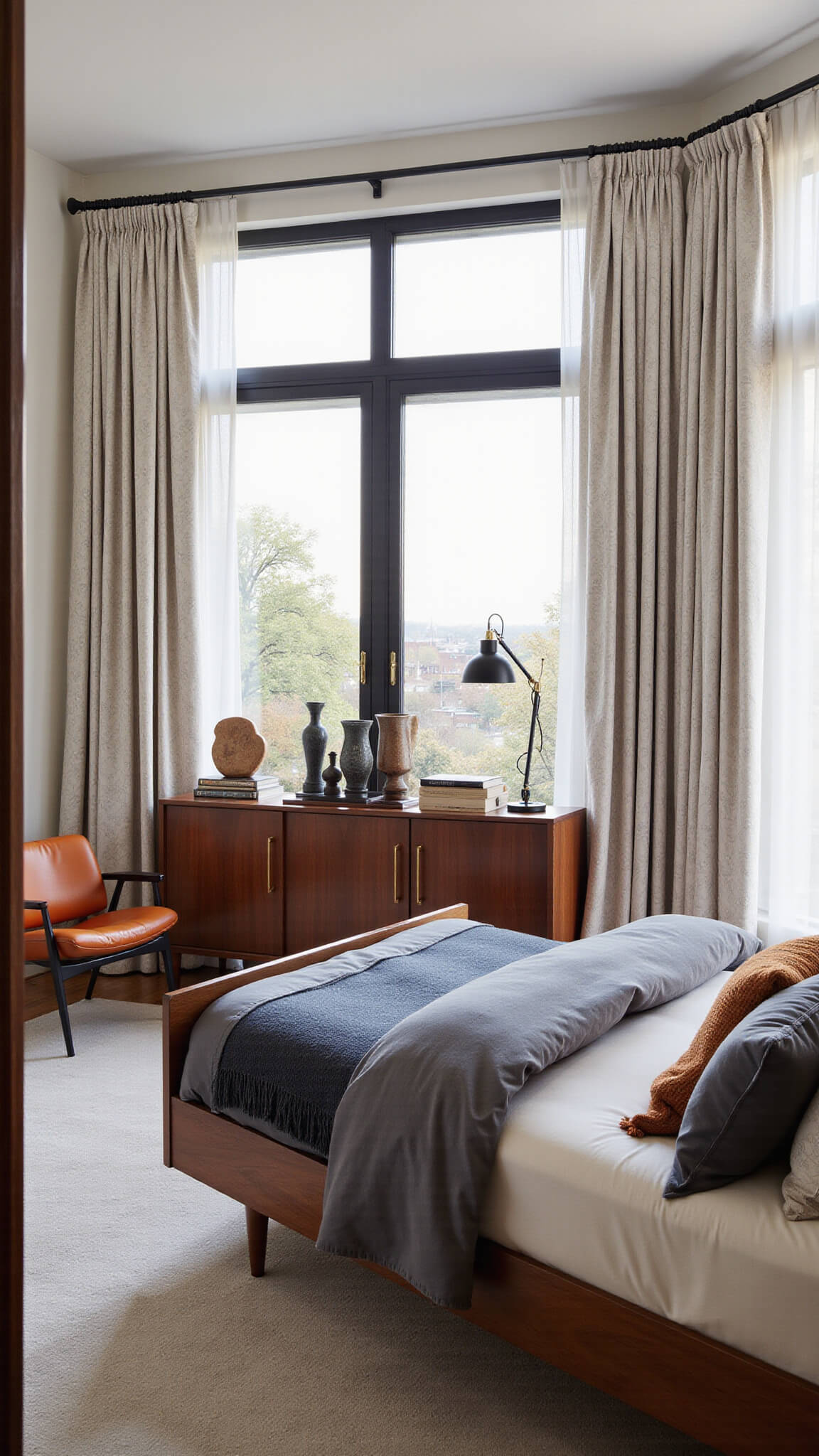 Mid-century modern bedroom with walnut sleigh bed, luxurious charcoal and cream linens, geometric curtains, modernist sculptures on a sideboard, and evening light casting shadows across rich wood tones and burnt orange accents.