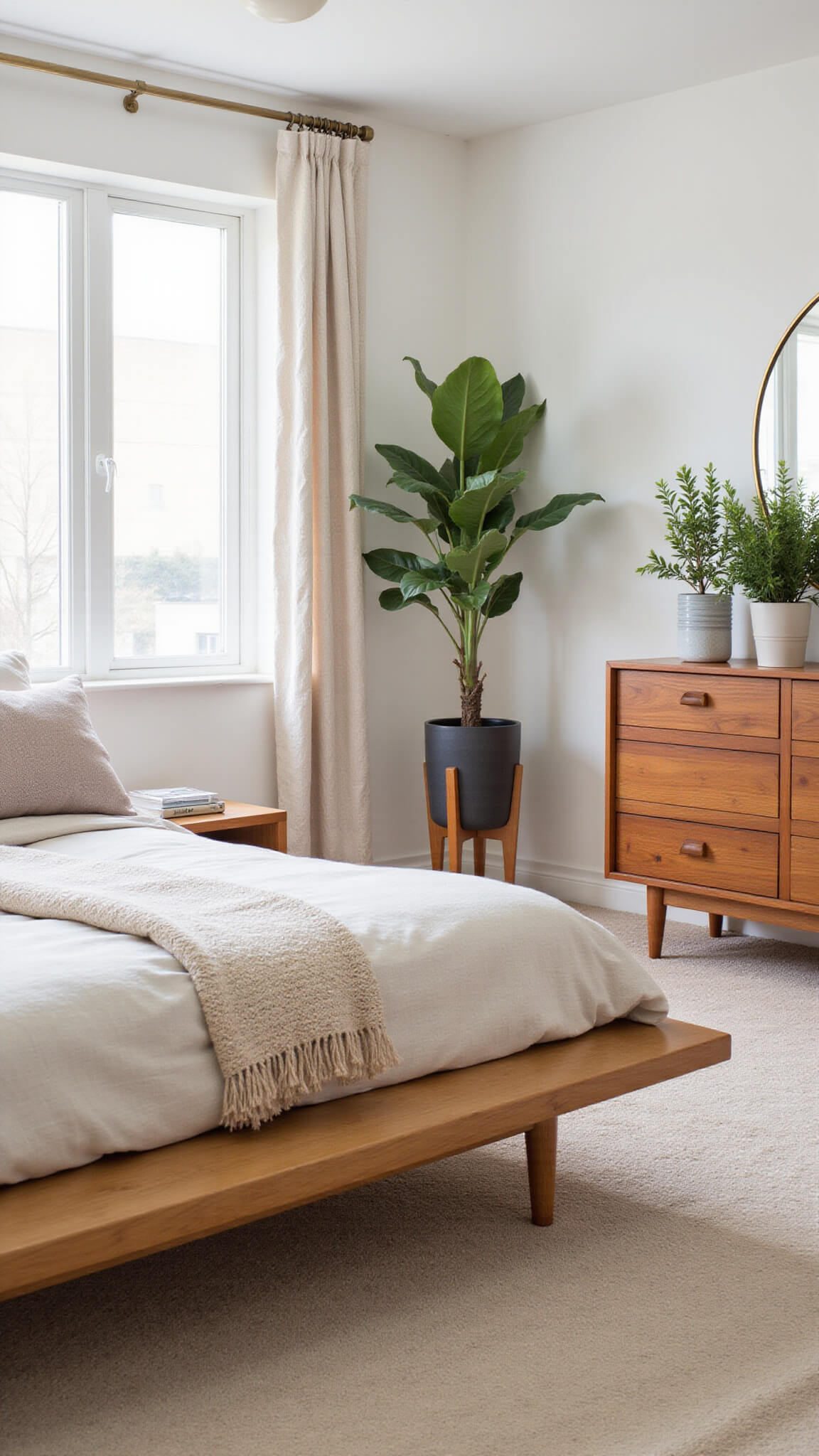 Mid-century modern bedroom with light wood platform bed, floating nightstands, teak dresser, and soft natural-toned bedding, bathed in morning light.