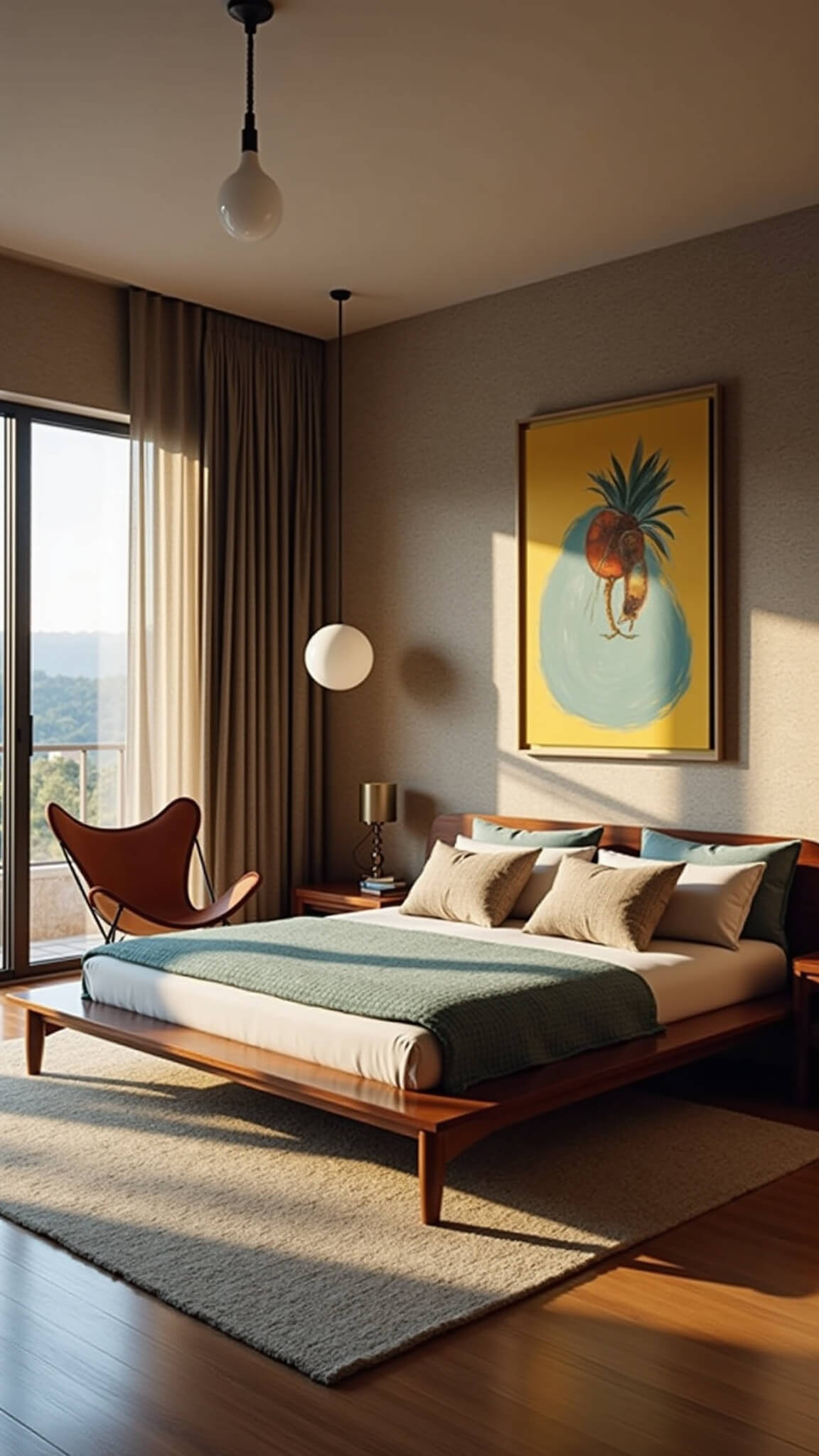 Mid-century modern bedroom with walnut platform bed, butterfly chair, and bubble lamp, bathed in sunset light.