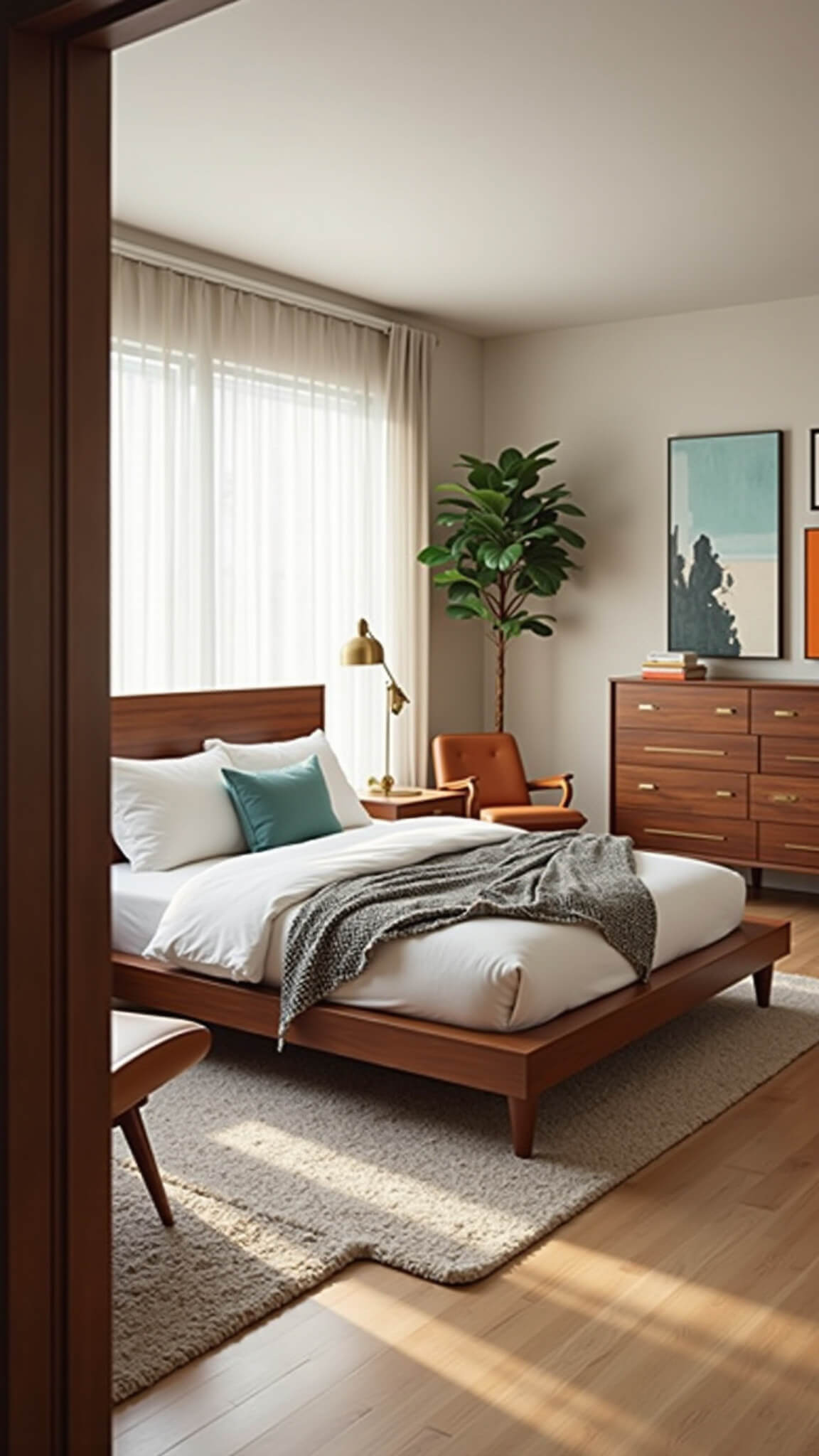 Mid-century modern bedroom with walnut platform bed, teak dresser, Eames lounge chair, and soft morning light filtering through sheer curtains.