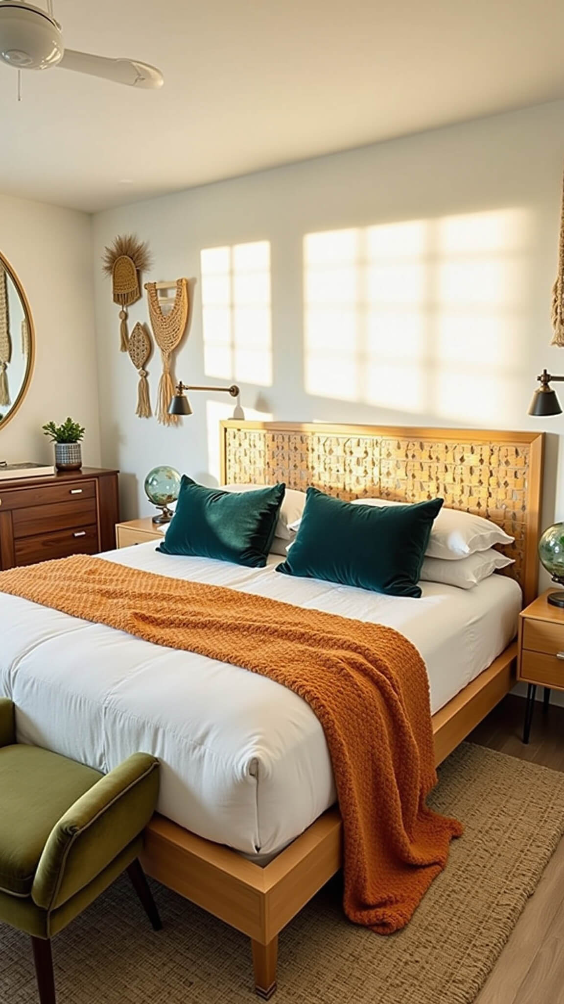 Mid-century modern bedroom with light oak platform bed, white and ochre bedding, teal pillows, floating nightstands, globe lamps, walnut dresser, brass mirror, olive green chairs, and warm sunlight illuminating textured decor.
