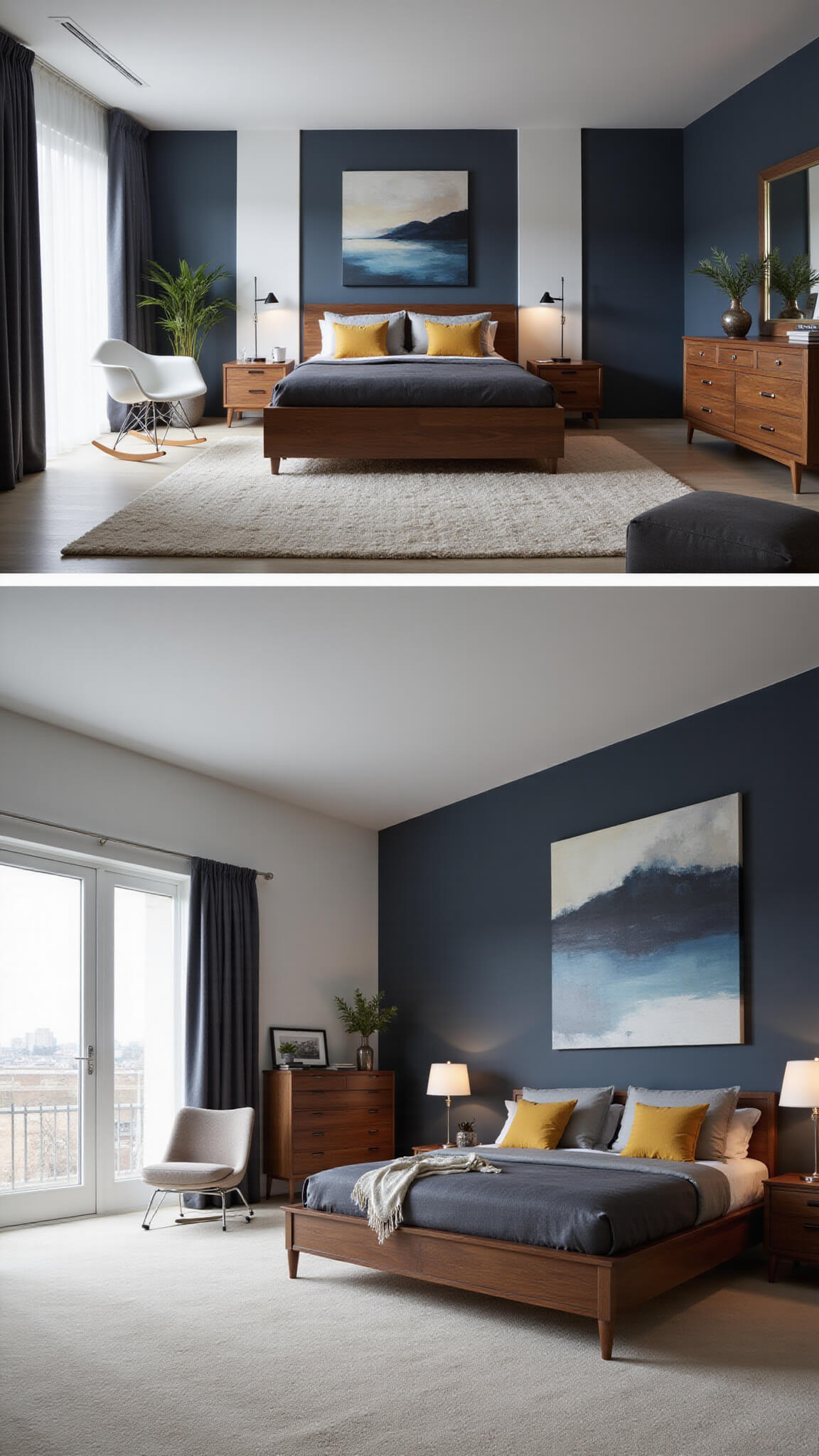 Mid-century modern master bedroom with rosewood king bed, charcoal and silver bedding, geometric mustard pillows, asymmetrical light wood nightstands, Eames white rocking chair, navy accent wall, abstract art, and sheer floor-to-ceiling curtains, viewed from low angle.