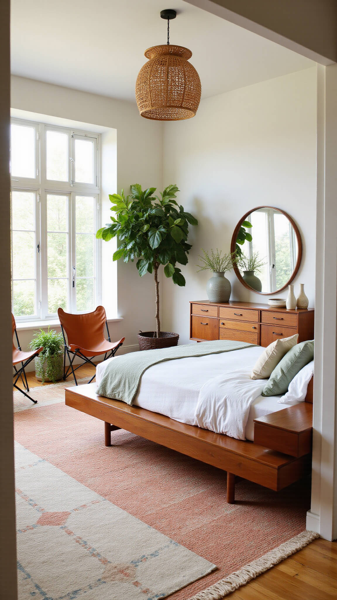 Mid-century modern bedroom with teak platform bed, rattan pendant light, butterfly chairs, walnut credenza, abstract art, and lush greenery in warm natural light.
