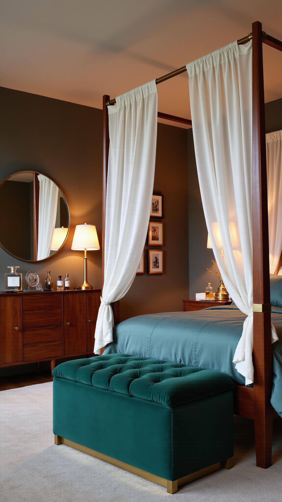 Mid-century modern bedroom with mahogany canopy bed, teal and gold bedding, floating nightstands, emerald velvet bench, and warm dusk lighting.