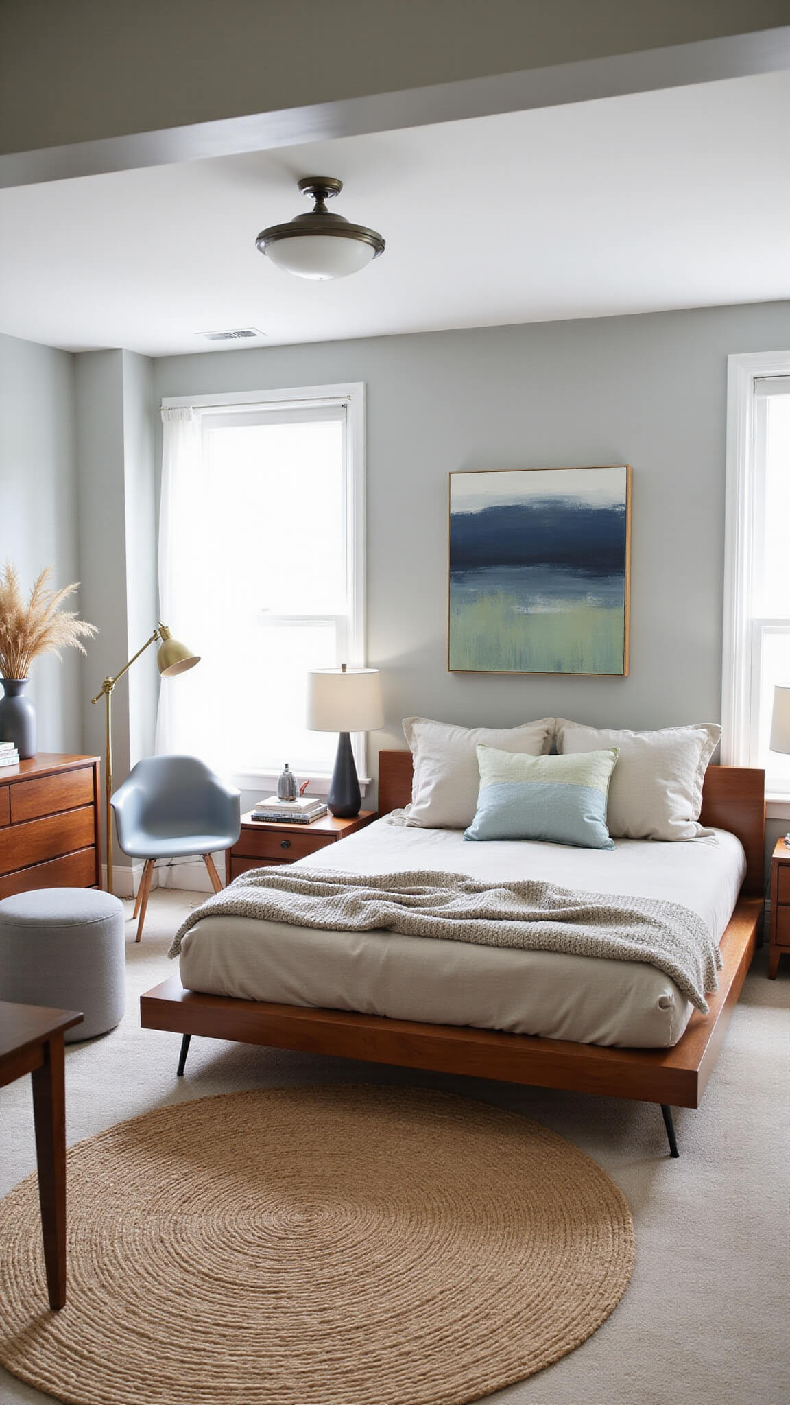 Cozy mid-century modern bedroom with platform bed, soft bedding, walnut dresser, reading nook, and abstract art in calming tones.