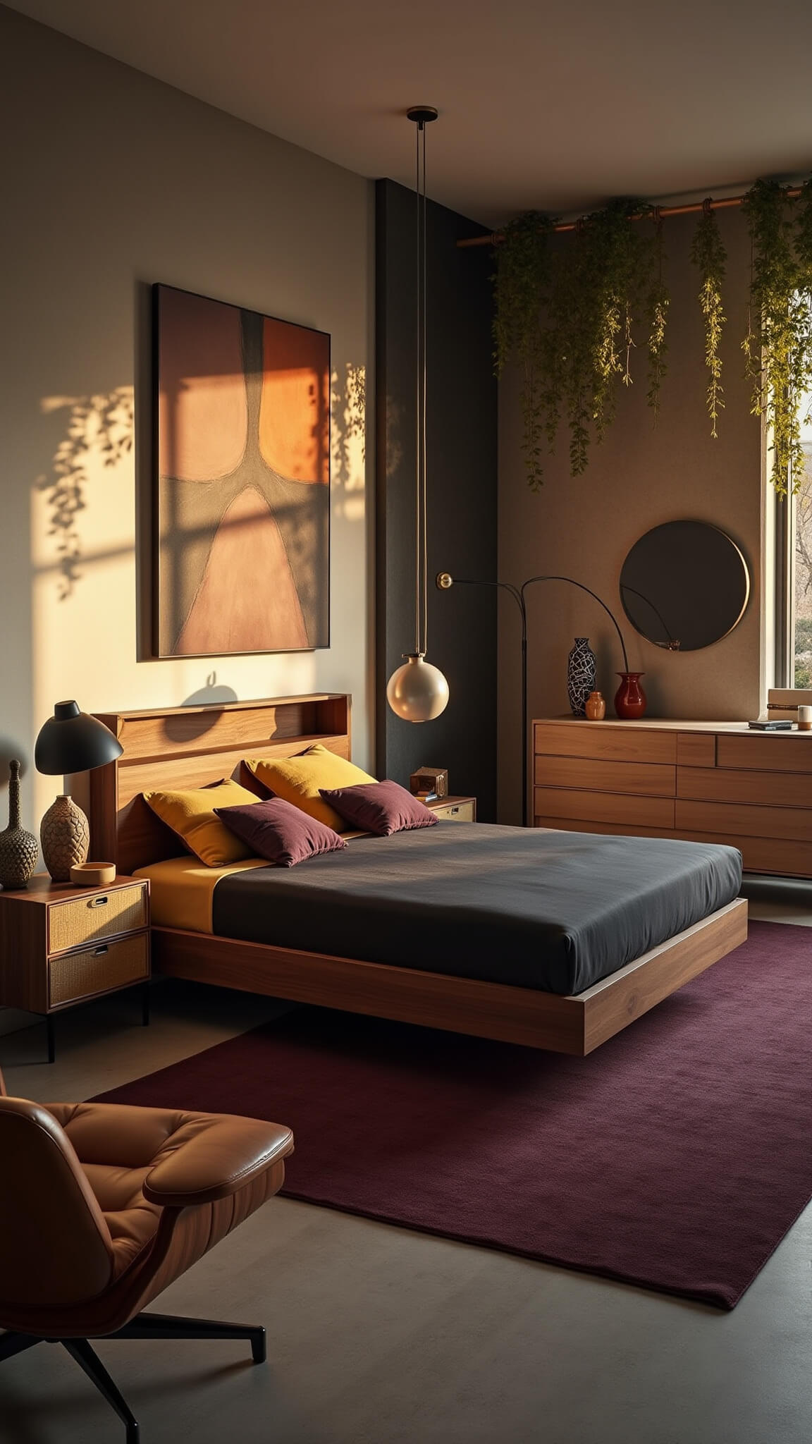 Mid-century modern bedroom with walnut bed, floating cane nightstands, Eames lounge chair, abstract artwork, and sunset light casting warm shadows.