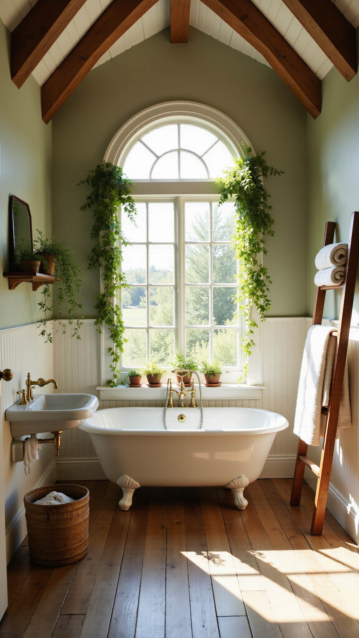Sunlit cottagecore bathroom with vaulted ceilings, clawfoot tub, farmhouse sink, and greenery in warm golden hour light.