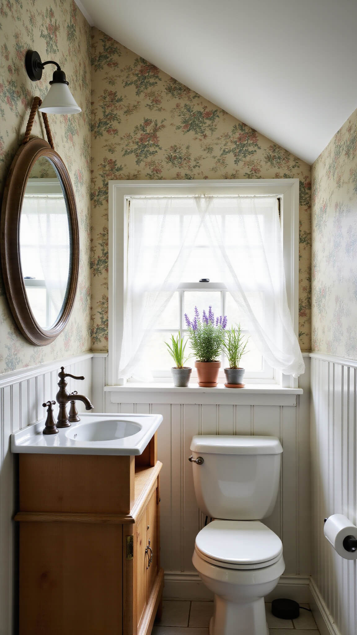 Low-angle view of a cozy cottagecore powder room with sloped ceilings, featuring a pine vanity with a ceramic sink, floral wallpaper, lace-curtained dormer window, and herbal plants on the sill.