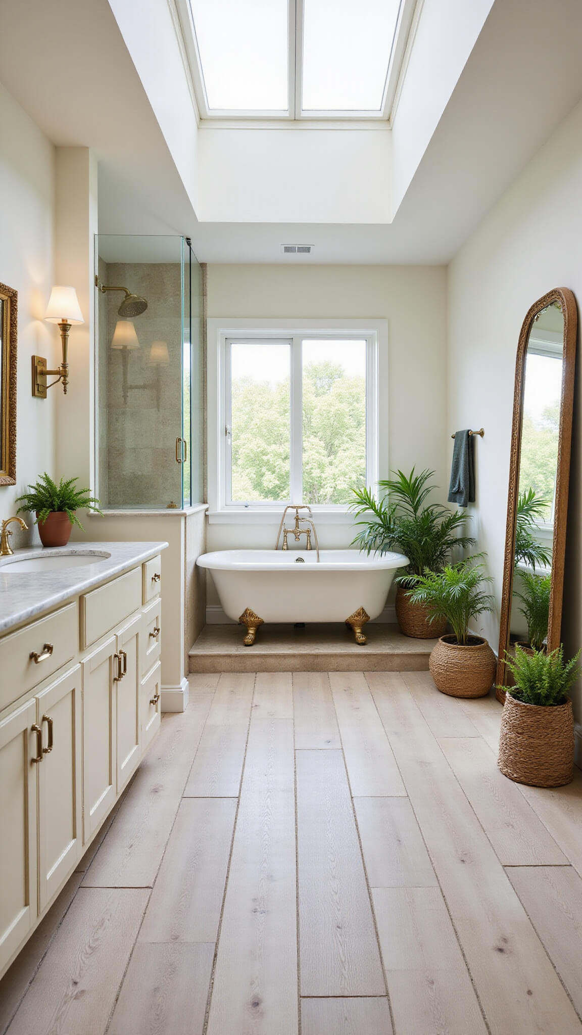 Wide-angle view of a spacious cottagecore master bathroom with skylight, clawfoot tub on a raised platform, walk-in shower with wood-effect tiles, cream shaker cabinets with marble countertop, vintage mirror, and potted greenery.