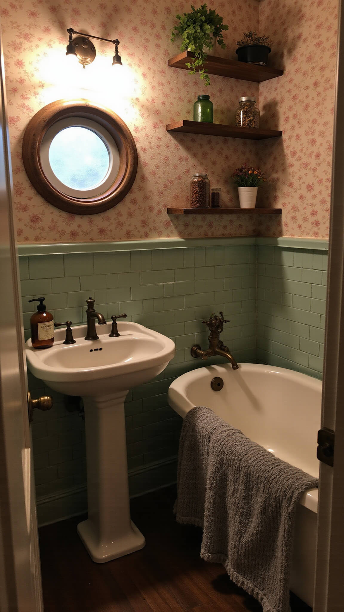 Cozy cottagecore guest bathroom with floral wallpaper, green subway tiles, pedestal sink under round window, clawfoot tub, barn wood shelves, vintage décor, and warm Edison bulb lighting at twilight.