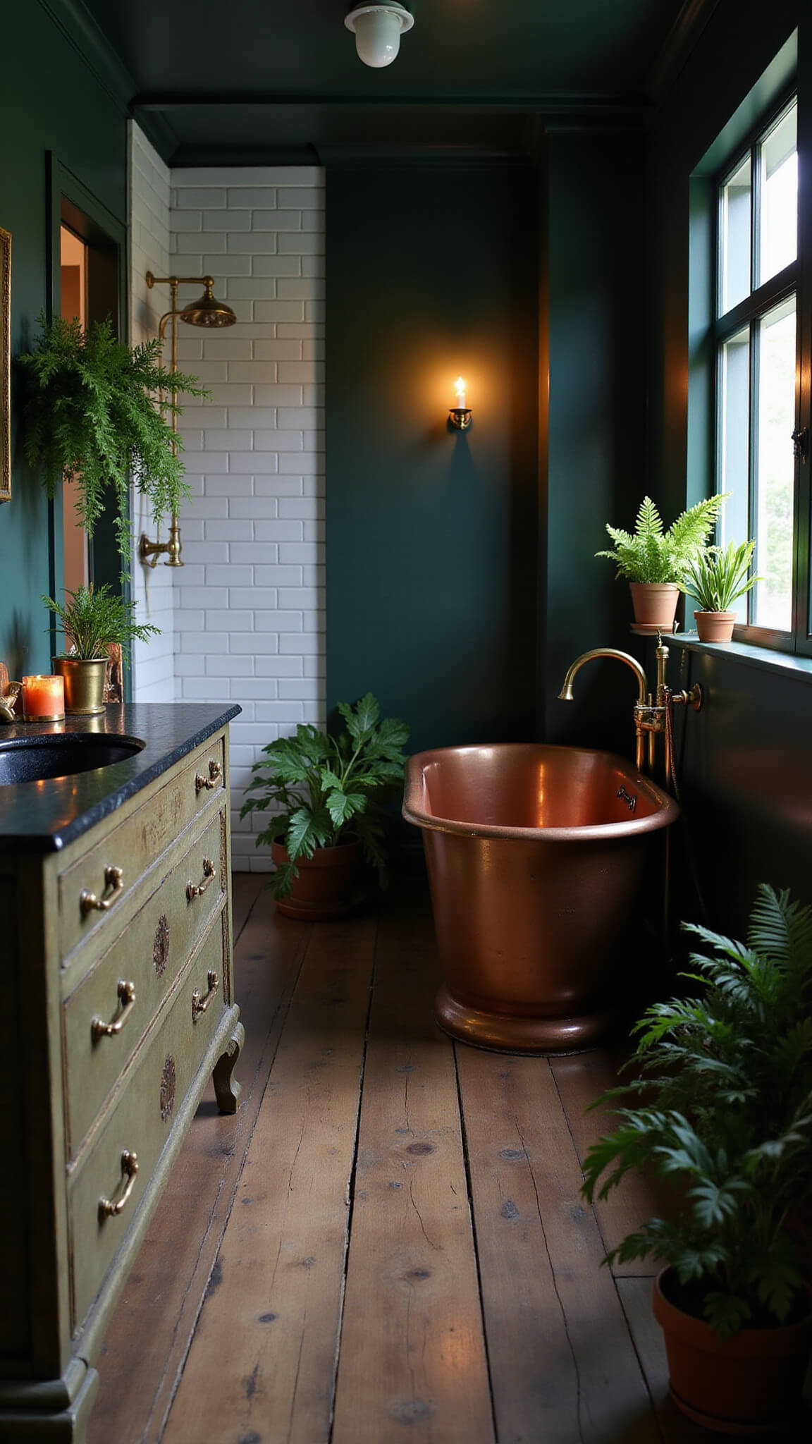 Low-angle view of a moody, candlelit cottagecore bathroom with deep green walls, copper soaking tub, vintage vanity, brass accents, and lush plants creating a romantic woodland grotto atmosphere.