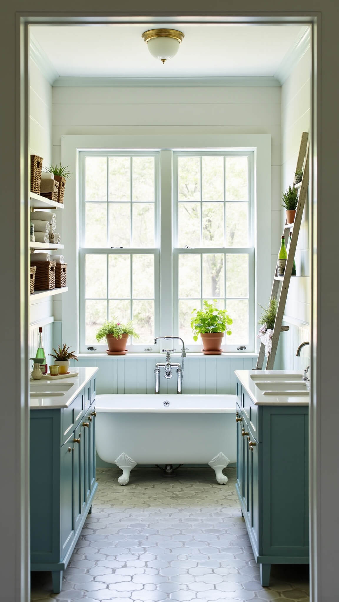 Cottagecore family bathroom with clawfoot tub, farmhouse sink, and morning sunlight through bay window.