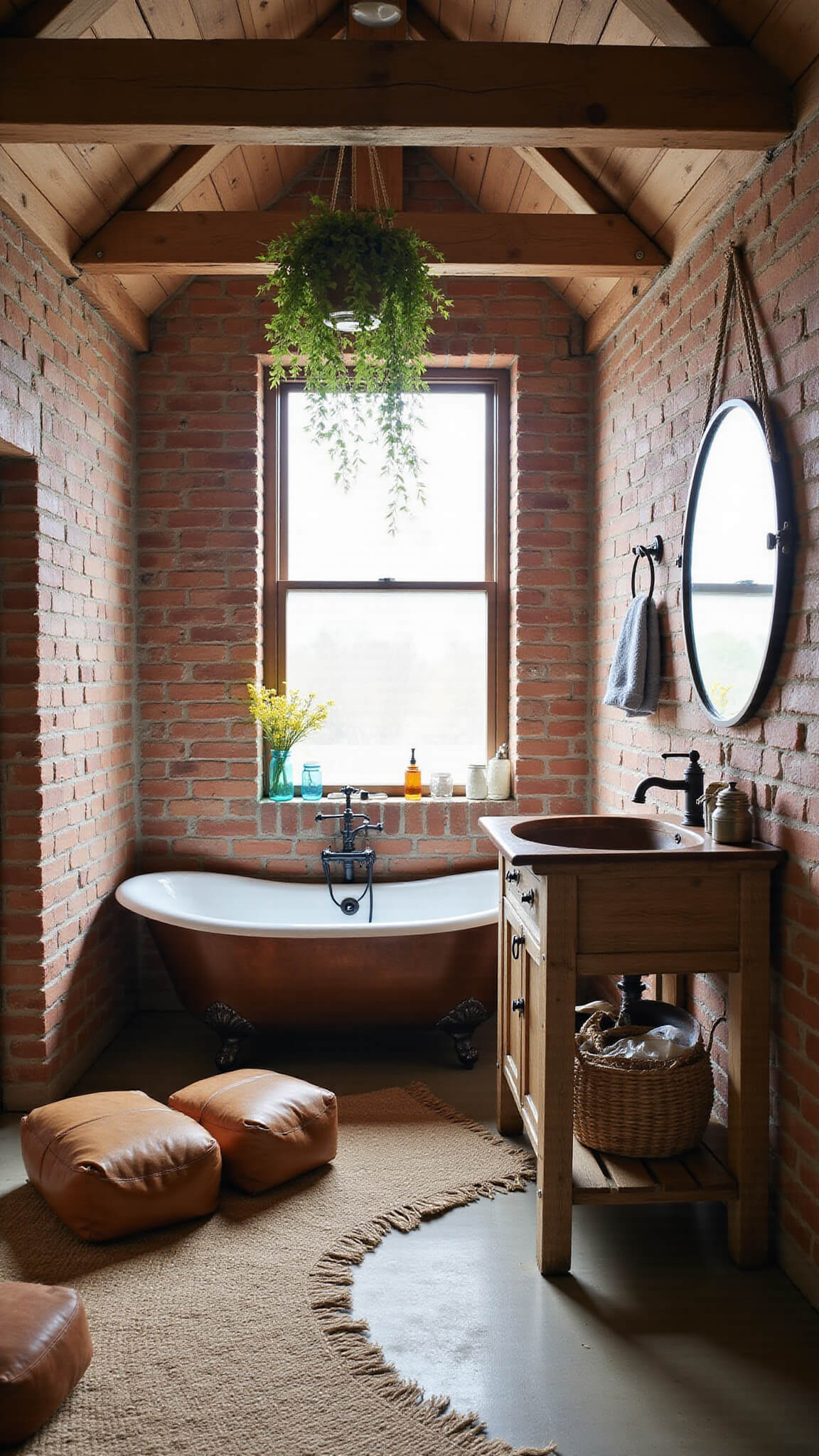Rustic attic bathroom with vintage slipper tub under sloped ceiling, exposed brick walls, wooden rafters, reclaimed wood vanity with copper sink, wildflowers in mason jars, hanging plants, leather poufs, and a jute rug in soft afternoon light.