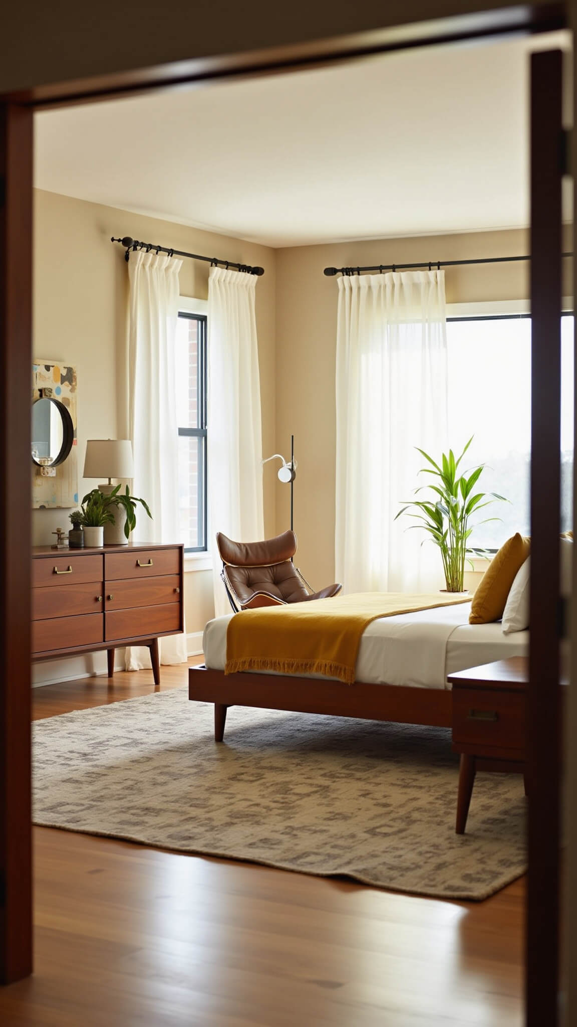Mid-century modern bedroom with walnut platform bed, teak dresser, Eames chair, and soft morning light filtering through sheer curtains.