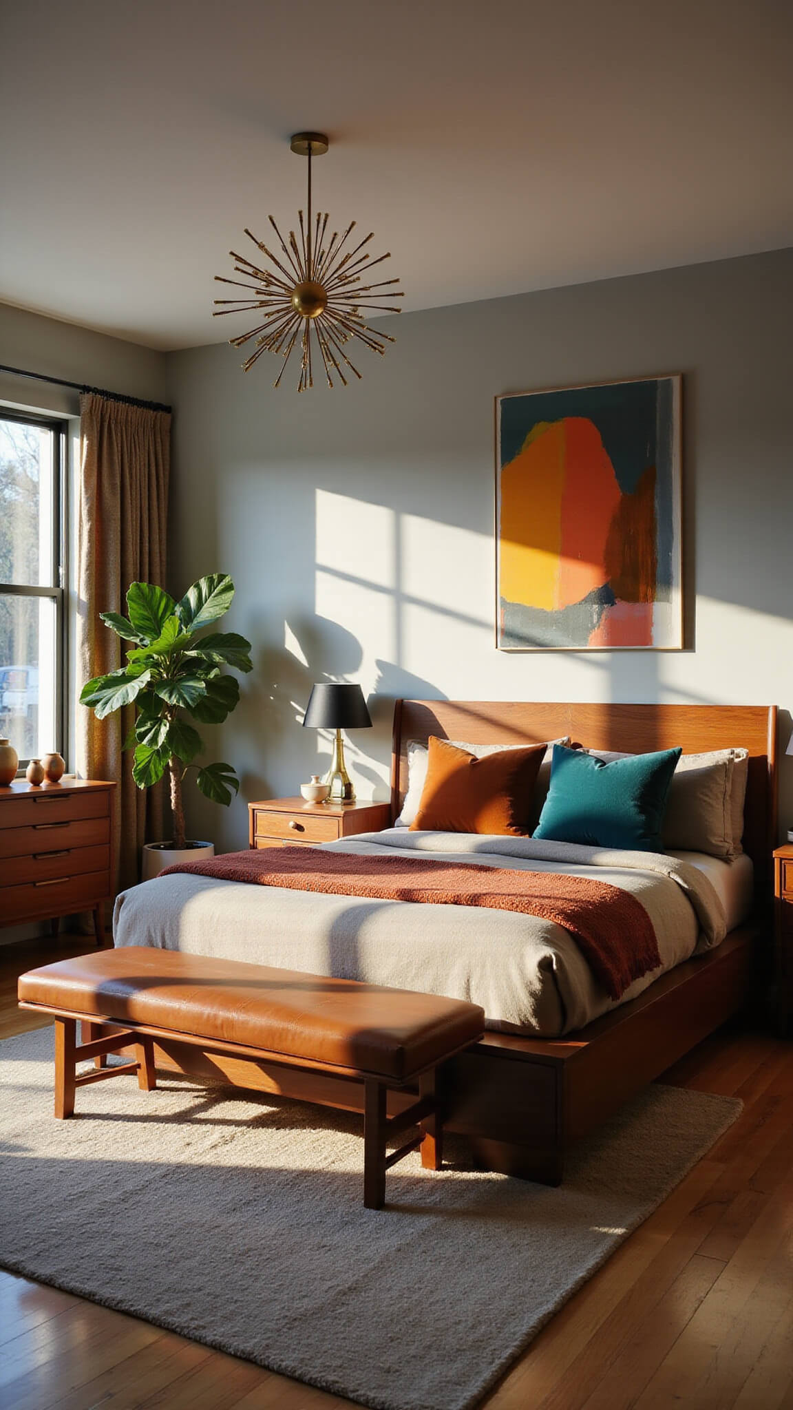 Mid-century modern bedroom with platform bed, rich textures, sunlit warm tones, sputnik chandelier, and vintage decor accents.