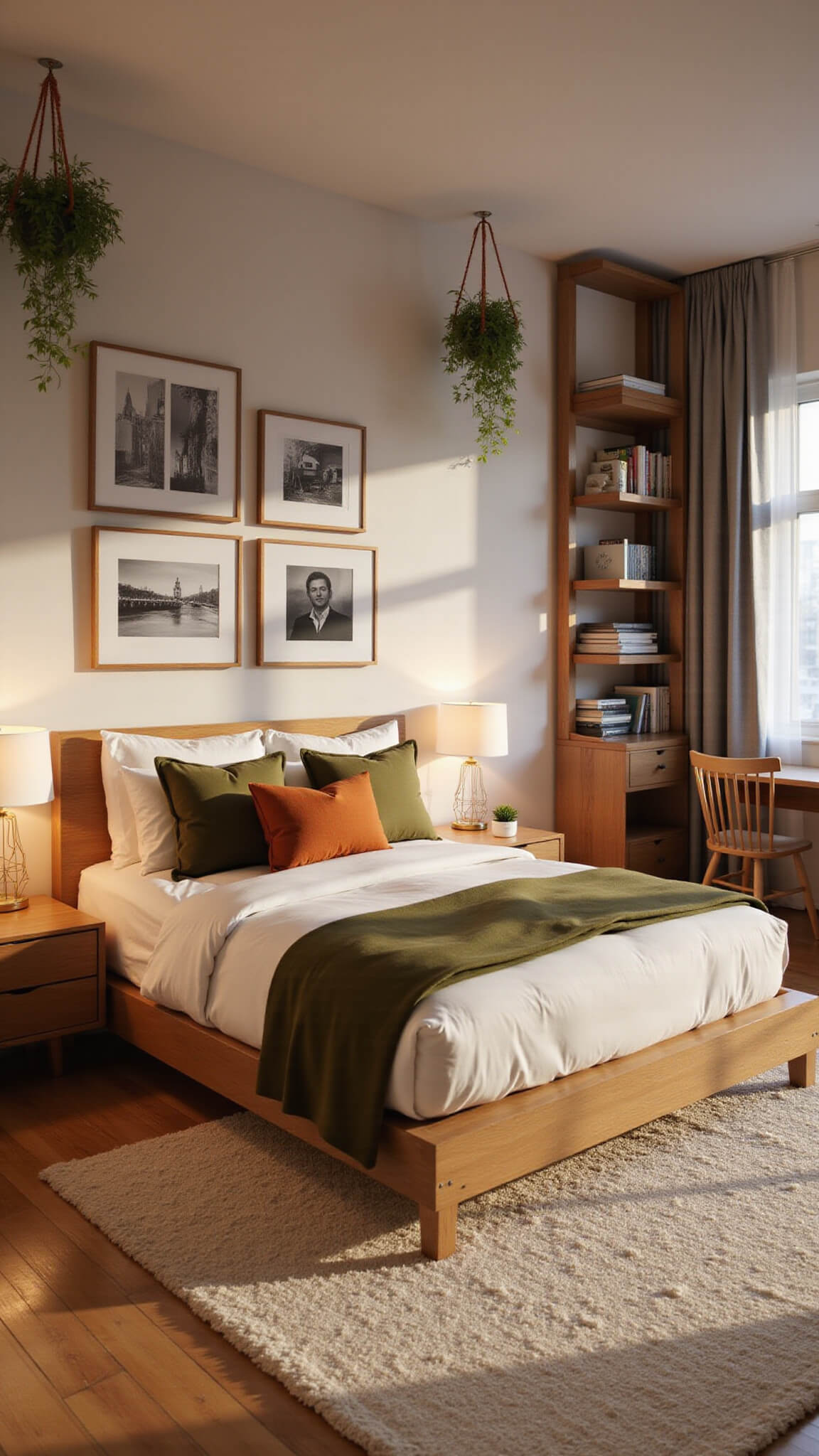 Cozy mid-century modern 10x12 bedroom bathed in sunset light, featuring a light oak platform bed with white bedding, olive and terracotta pillows, floating nightstands with geometric lamps, a writing desk, floor-to-ceiling bookshelf, cream shag rug, black and white photo gallery, and hanging plants in macramé holders.