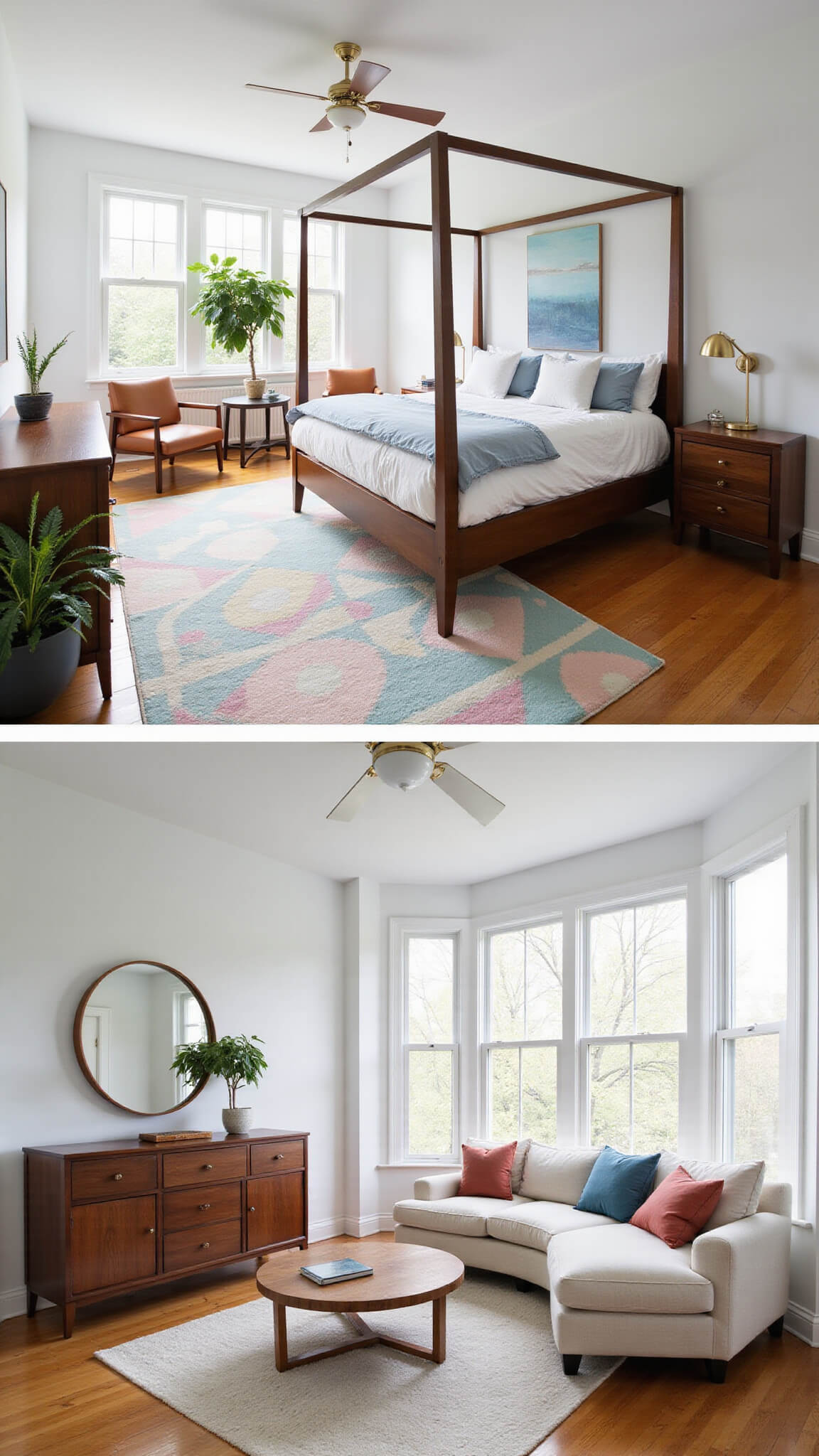 Mid-century modern bedroom with a walnut canopy bed, floor-to-ceiling windows, leather seating area, and natural lighting.