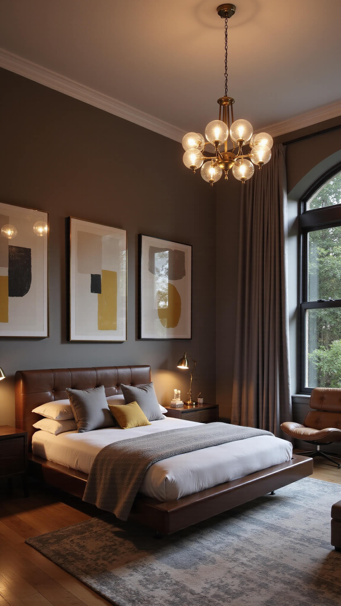 Mid-century modern bedroom with walnut platform bed, tufted leather headboard, floating nightstands, chandelier, abstract art, and Eames lounge chair in moody dusk lighting.