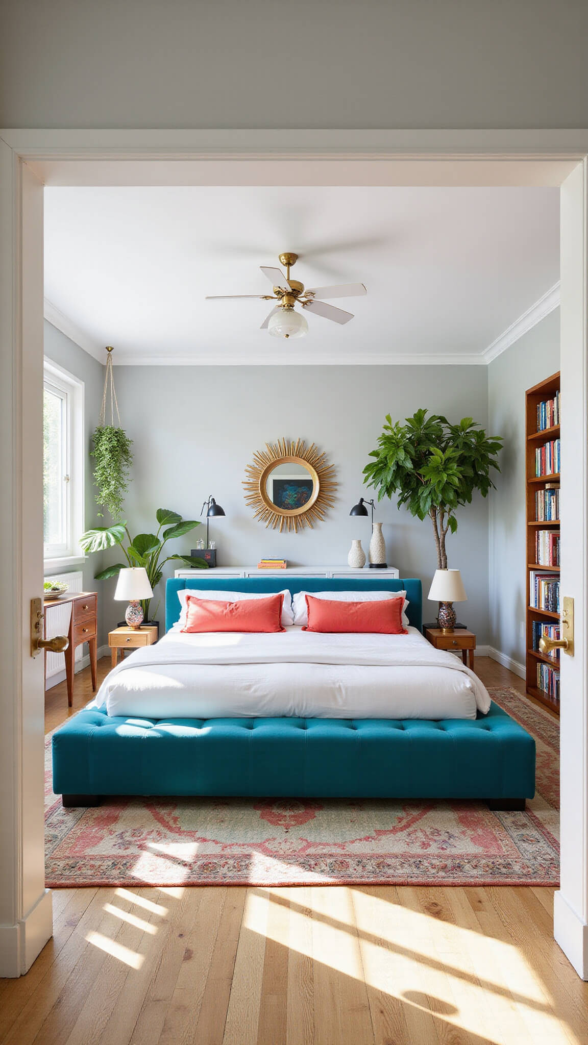 Mid-century modern bedroom with teal velvet bed, white and coral bedding, mismatched nightstands, sunburst mirror, white dresser, plants, bookshelf, abstract art, and morning sunlight.